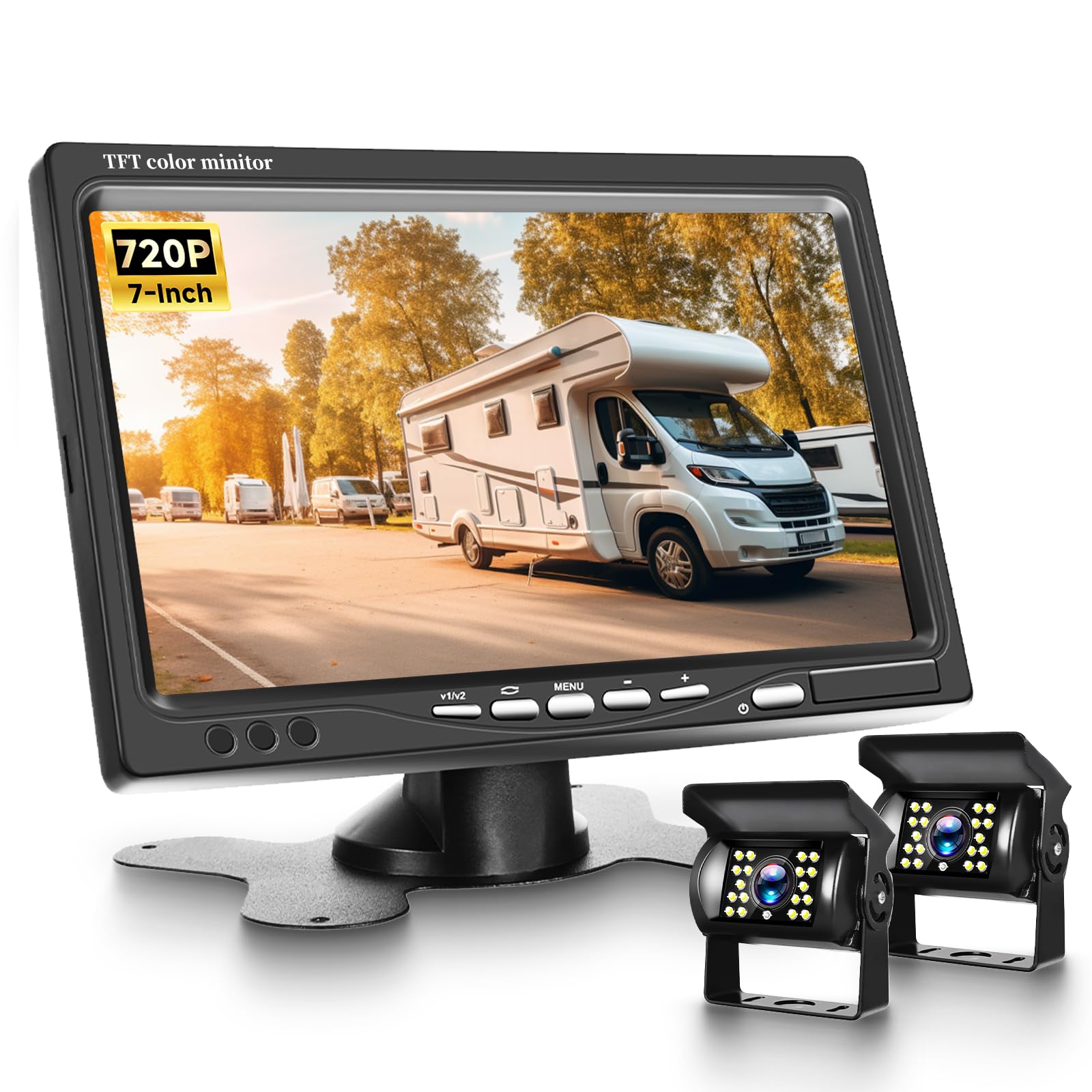 VECHTEL 2* Cámara de visión Trasera con Pantalla de 7 Pulgadas,Asistencia de estacionamiento,18 LED,visión Nocturna,Resistente al Agua IP68,para SUV,camión y Autocaravana,12-24 V,Cable de 10 m+15 m