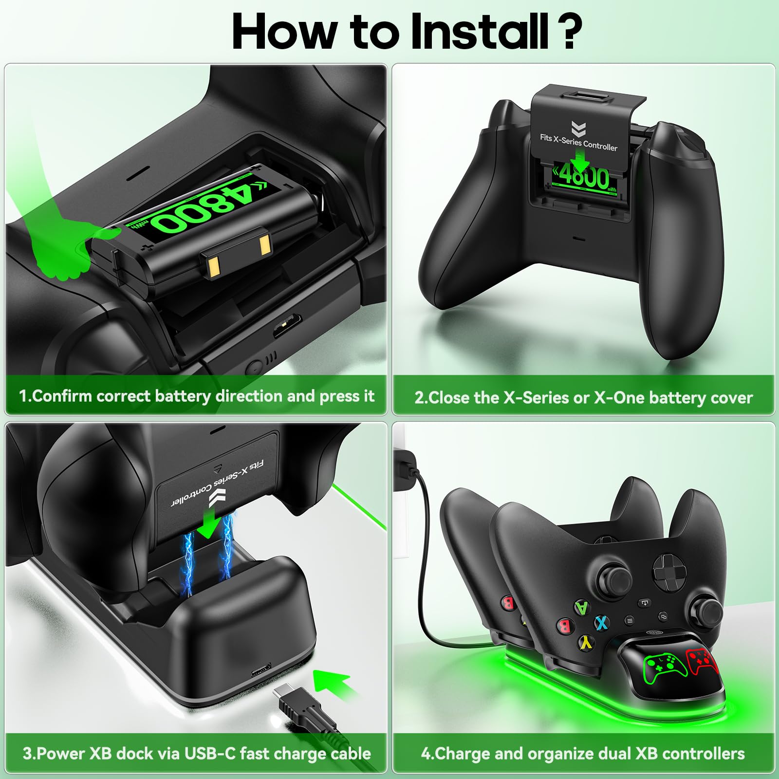 Controller Ladestation mit 2x4800mWh wiederaufladbaren Akkupacks Kompatibel mit Xbox One/Elite/Series X|S, Controller Ladestation, XB Gaming Zubehör mit 9 RGB-Modi und 4 Akkuabdeckungen