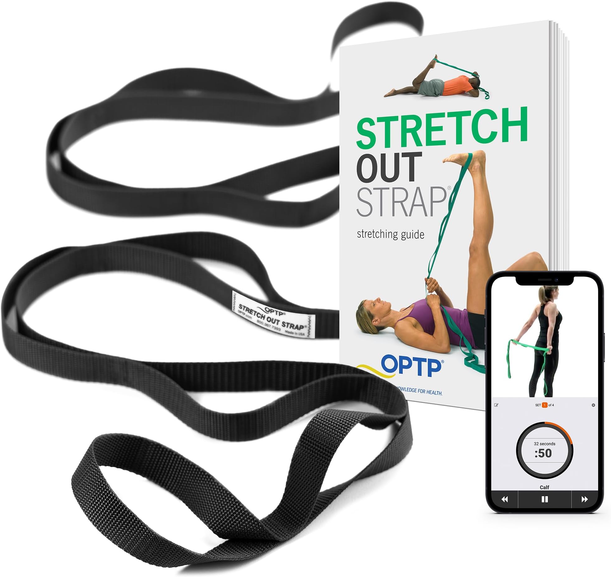 OPTP The Original Stretch Out Strap XL with Exercise Book, USA Made Stretch Out Straps for Physical Therapy, Yoga Stretching Strap or Knee Therapy Strap - Ten Loops, 7'5" Strap