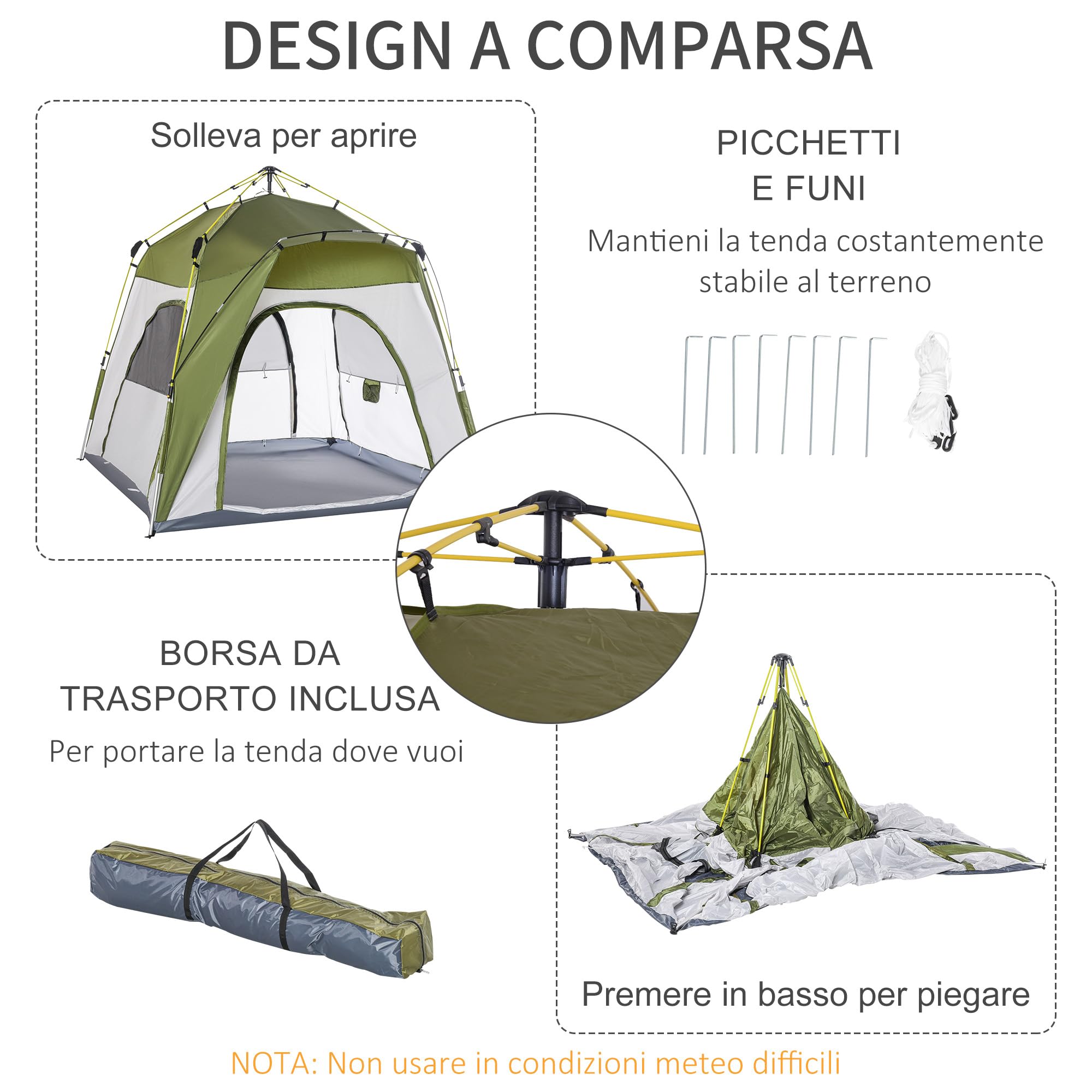 Outsunny Tenda Campeggio 3 Posti, Tenda a Igloo Pop Up con 4 Porte a Cerniera e 4 Finestre a Rete, Sacca di Trasporto Inclusa, Protezione UV, 240x240x199cm, Verde