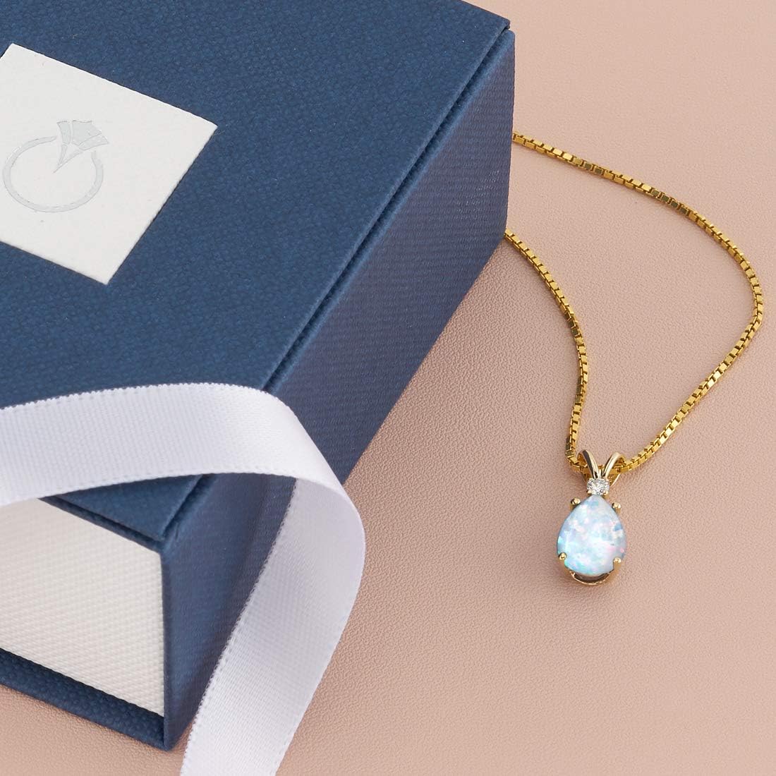 PEORA 14K Yellow Gold Created White Opal with Genuine Diamond Pendant for Women, Elegant Teardrop Solitaire, 1 Carat Pear Shape, 10x7mm, October Birthstone Necklace, Fire Opal Necklace
