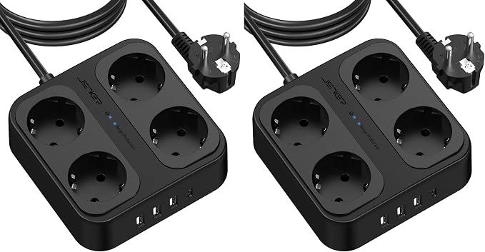JSVER Regleta Enchufes Proteccion Sobretension 4 Tomas Corrientes y 4 Rápida USB Tomas, Regleta USB 3680W/16A con Interruptor y Protección contra Sobrecargas, Cable de 3M-Negro (Paquete de 2)