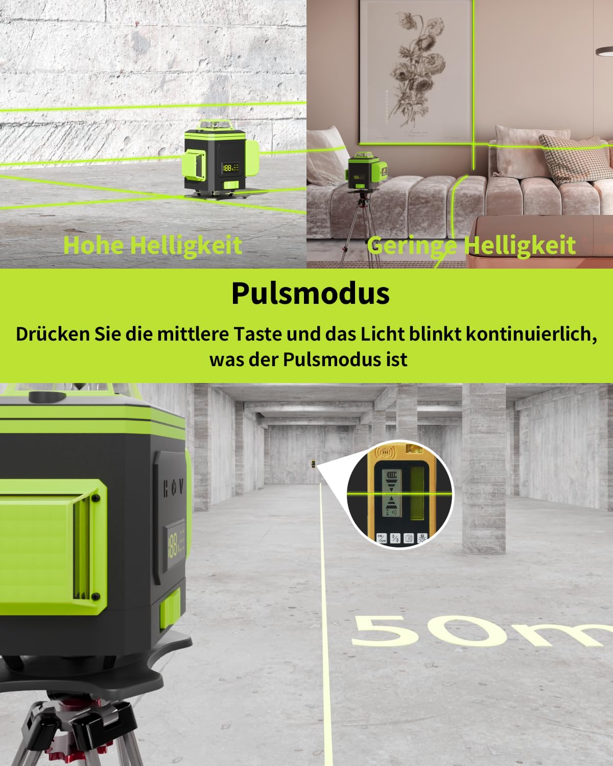 Cross Line Laser, niveau à bulle laser vert auto-nivelant 4x360 degrés avec affichage numérique, laser rotatif avec batterie au lithium 2 * 2400mAh, laser de construction laser linéaire