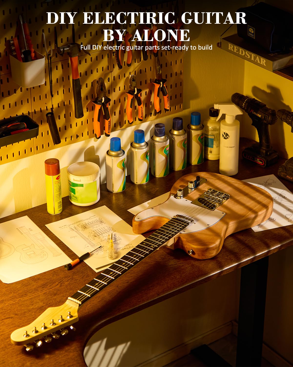 STRICH DIY E-Gitarre Kit, TL-Style Mahagonikorpus & Ahornhals mit SS-Tonabnehmern, einfach zu montierendes Kit mit allen Teilen - bauen Sie Ihre eigene E-Gitarre STL-D10