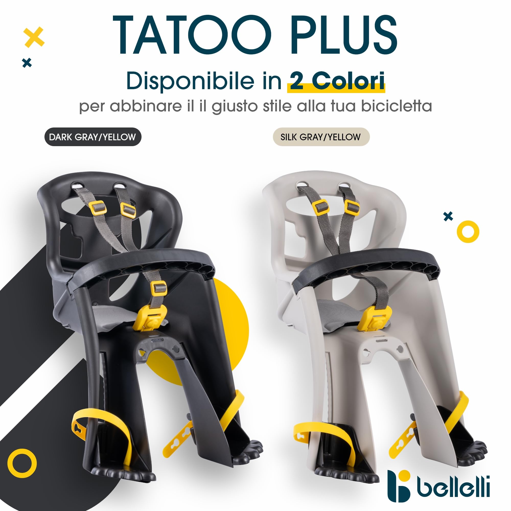 Bellelli | Tatoo Plus - Seggiolino Anteriore per Bicicletta - per Bambini Fino a 15 kg, da 9 Mesi a 3 Anni - Si Fissa al Manubrio - Colore Silk Grey