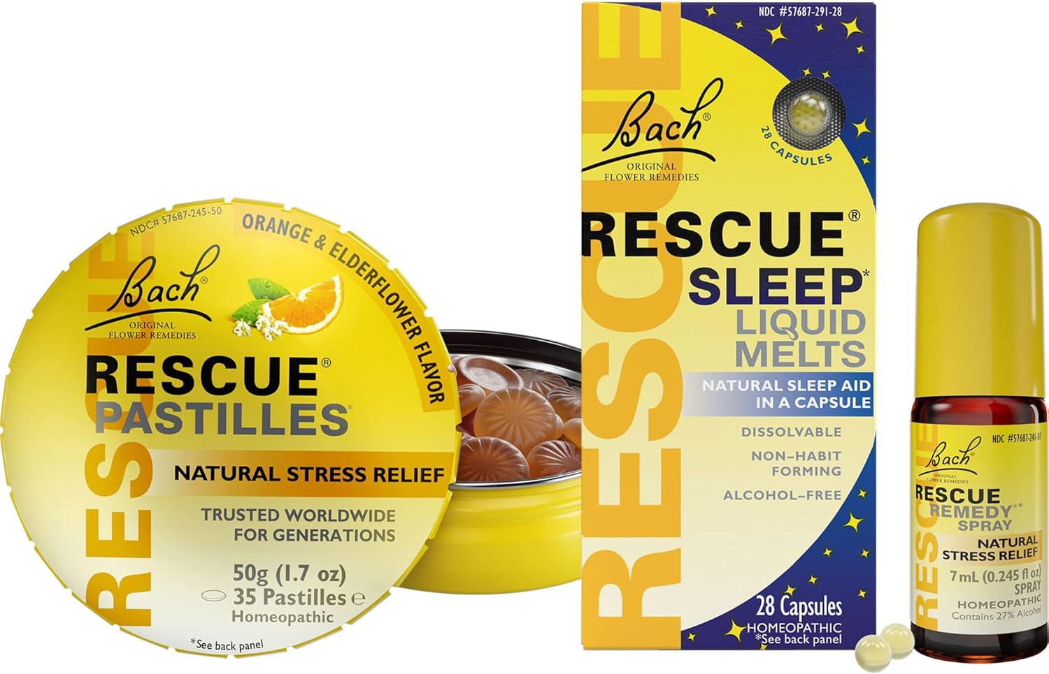 Travel Stress & Sleep Bundle, 3Pk Bach RESCUE PASTILLES, Orange & Elderflower