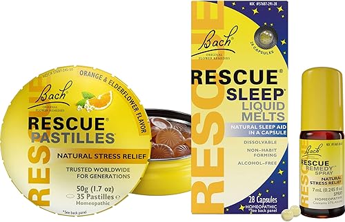 Paquete de viaje para estrés y sueño, paquete de 3 – Pastillas, sabor naranja y flor de saúco, 35 unidades [y] RESCUE Sleep Liquid Melts 28 unidades