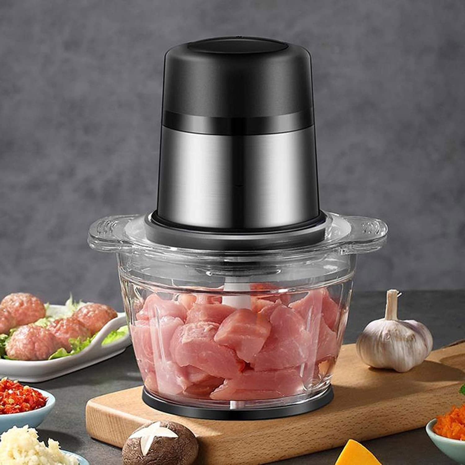 Picadora eléctrica, mini robot culinario, hoja de acero inoxidable, 2 velocidades, cuenco de cristal sin BPA de 2 l para carne, verduras y frutas, 300 W
