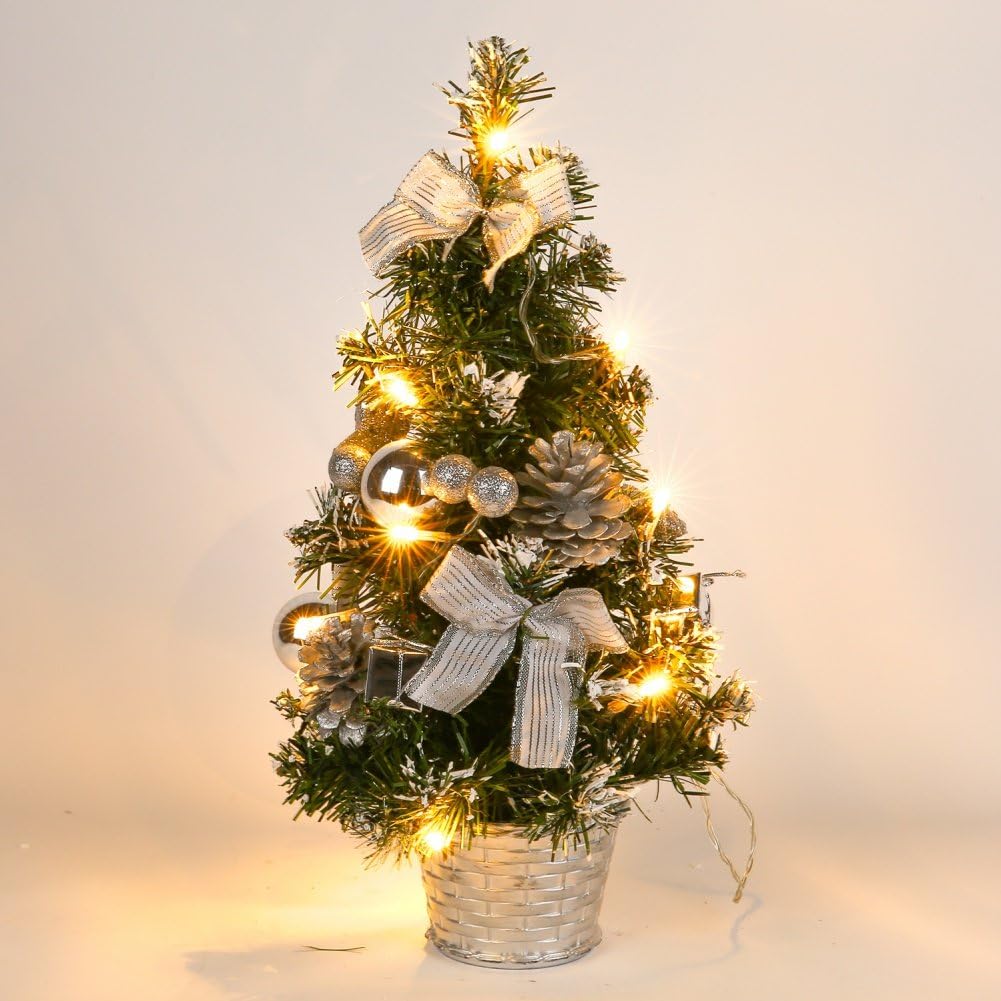ESHOO 18 Inch Small Christmas Tree with Led Lights,Mini Desktop Decoration Xmas Tree with Lights, balls,Ornaments(Silver)