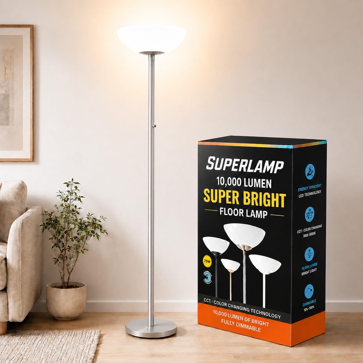 Modern Floor Superlamp 10000 Lumen - LED 75W, Dimmable 5 Changing Color, 85 CRI All Around Light, Tall Corner Standing Lamp with Cement Base and Acrylic Shade, Glare Free UpLight Kit Ready - Silver