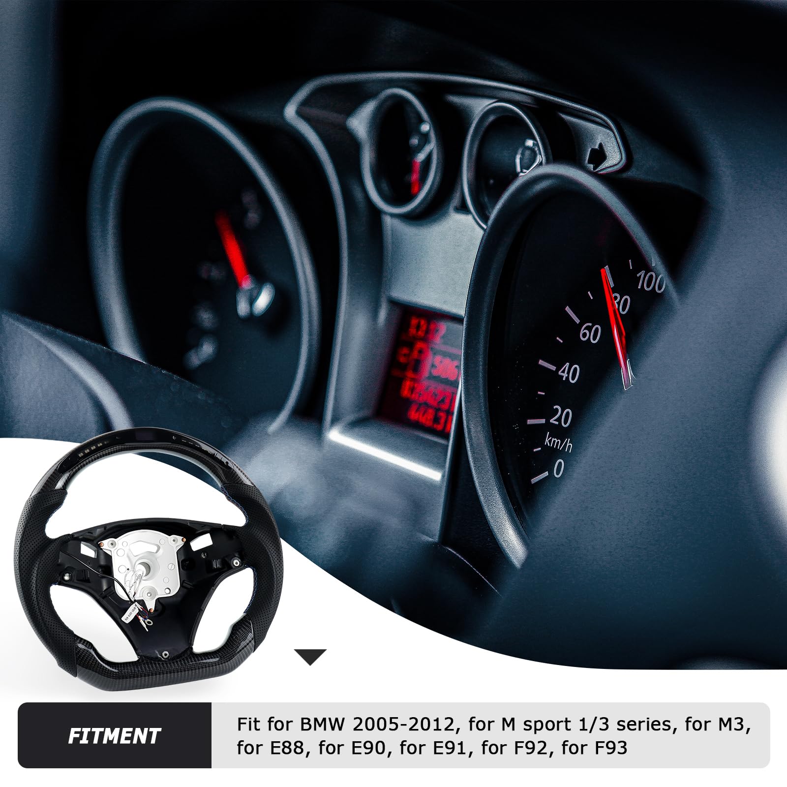 Carbonfaser-Lenkrad, Kuppel flachen Boden LED Schaltanzeige Lenkrad mit scharfen Paddel Löcher für BMW M Sport 1/3 Serie M3/E88 E90 E91 E92 E93 2005-2012