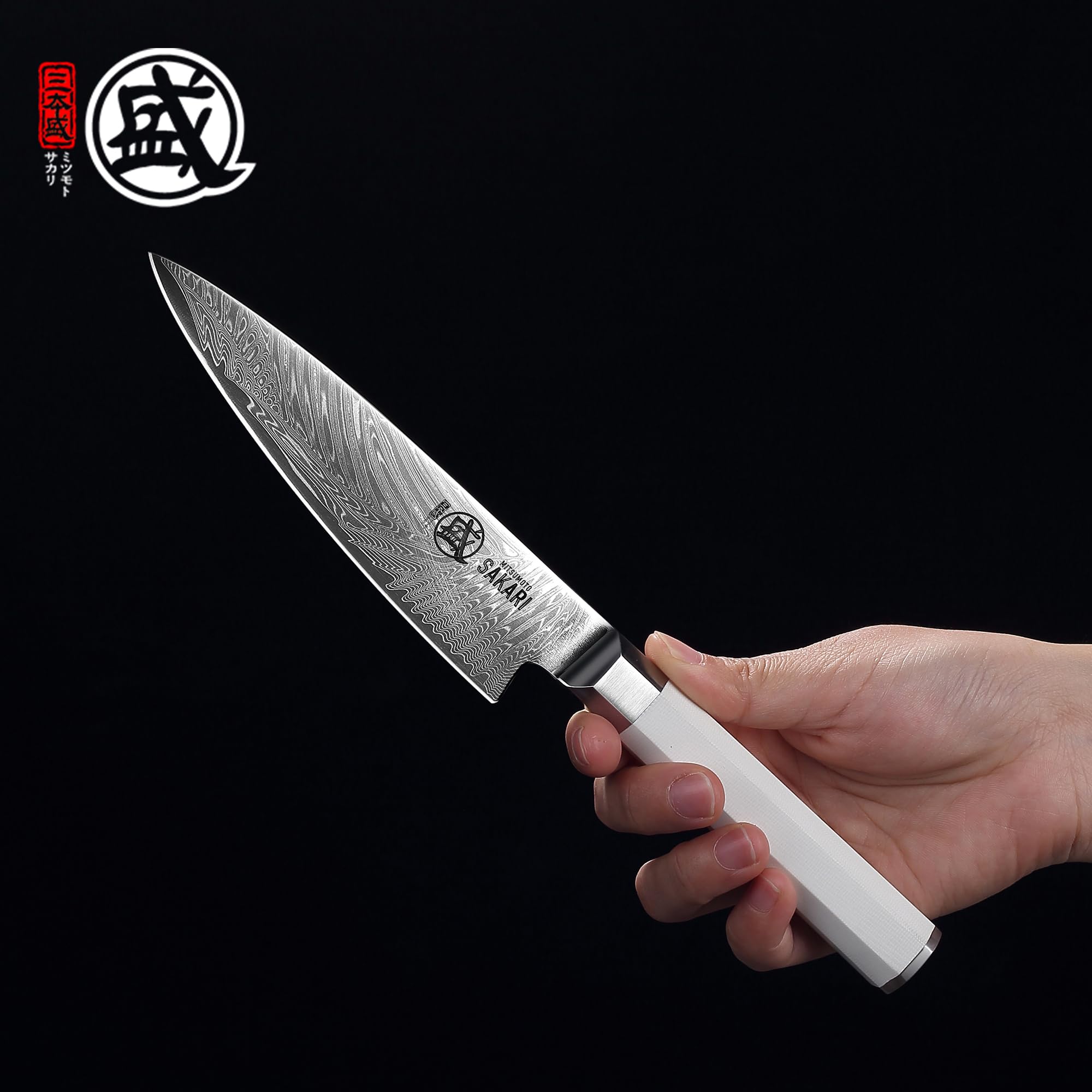 MITSUMOTO SAKARI Cuchillos Pelar Profesional Japoneses, 14 cm Cuchillo Chef | Cuchillo para Fruta de Acero en Polvo VG con Acabado, Cuchillos de Espiga Completa, Mango G10 Blanco, Estuche de Sándalo