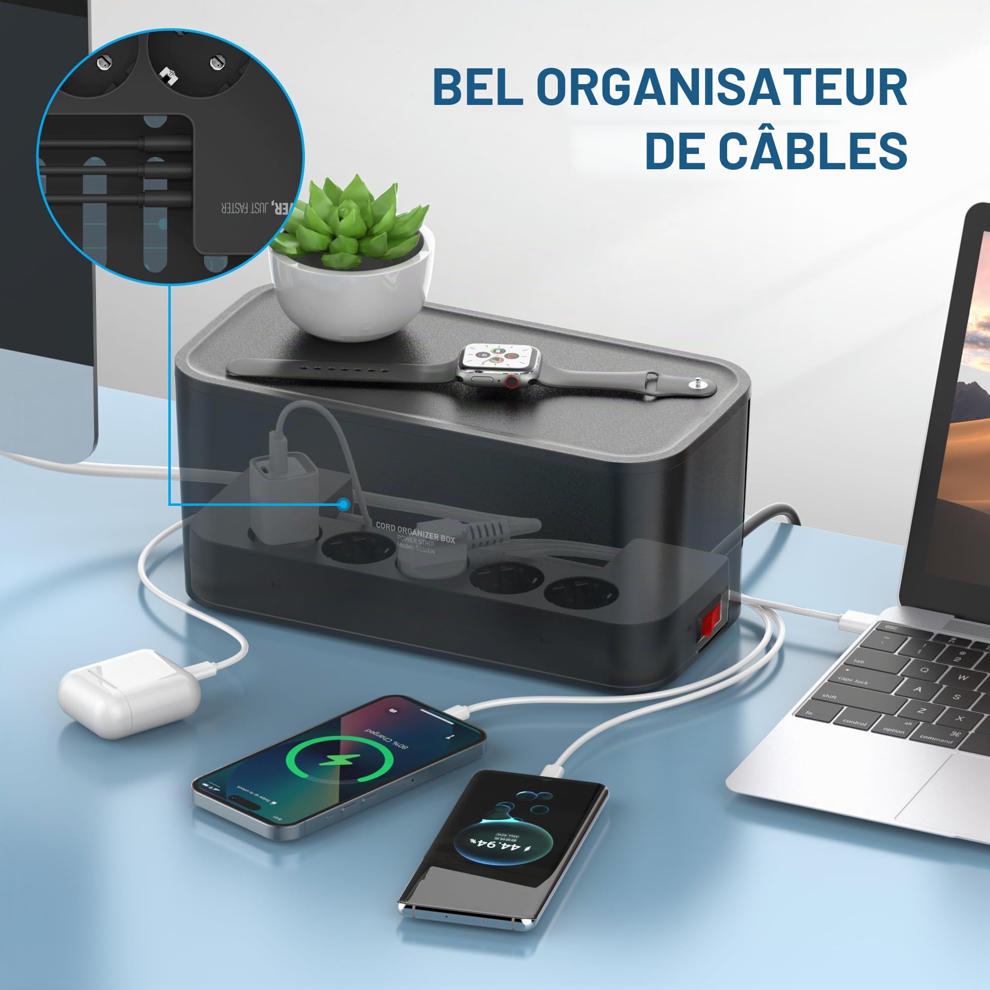Boîte de Rangement avec Bloc Multiprise Electrique, Multiprise 5 Prises avec 3 USB, Multiprise avec Interrupteur 3m Câble, Adaptateur de Boîte de Rangement, 29,5 * 14 * 14CM, Noir