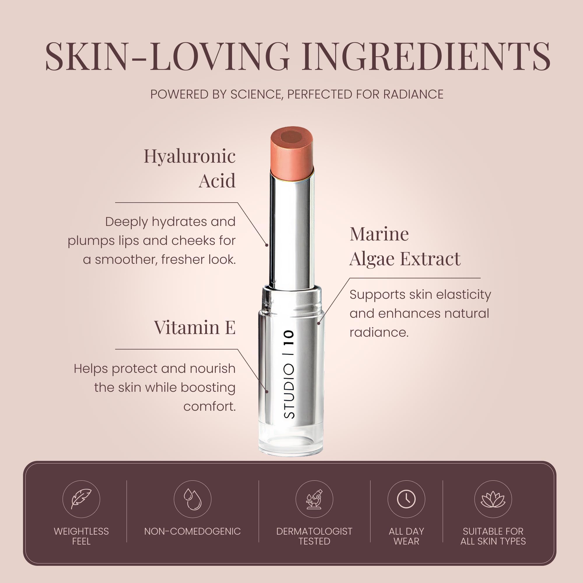 Studio 10 Wake Up & Glow Blush Stick - Tinta labbra e guance a lunga durata per fard leggeri, fard in crema per pelli mature - con nucleo di acido ialuronico idratante (tonalità - pesca)