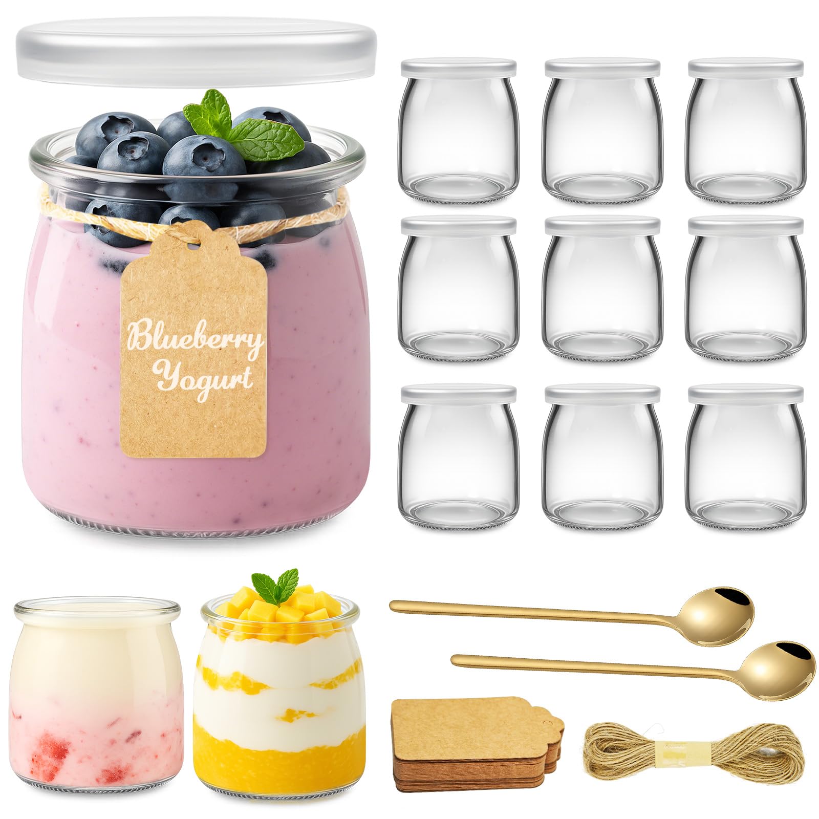 12 Piezas Vasos Yogurtera con Tapa, 200ml Botes Cristal Pequeños