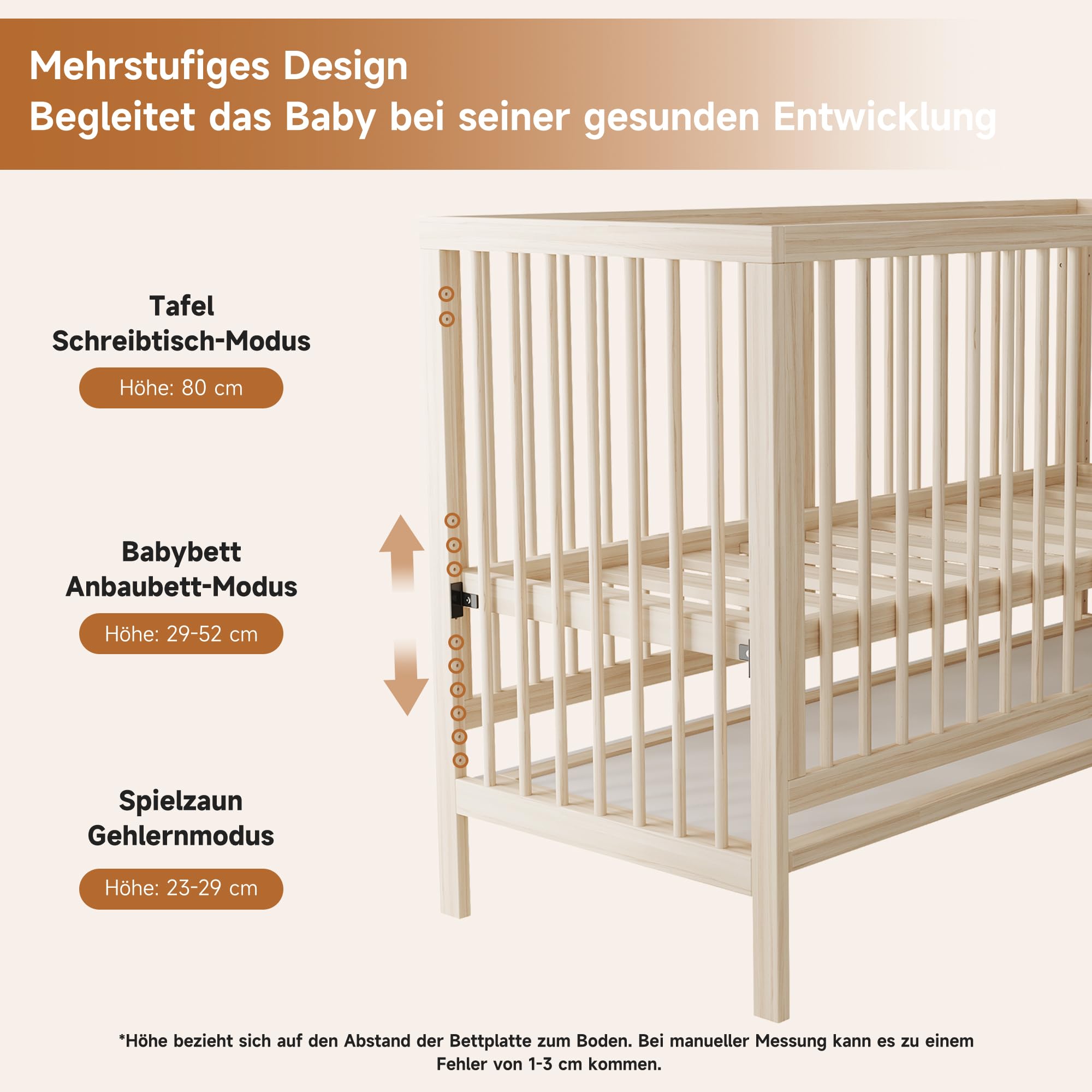 Holz Babybett Höhenverstellbar,Multifunktionales Gitterbett,Baby Cot Babybett Mitwachsend Beistellbett Staffelei Schreibtisch,ohne Matratze,140x60x90cm