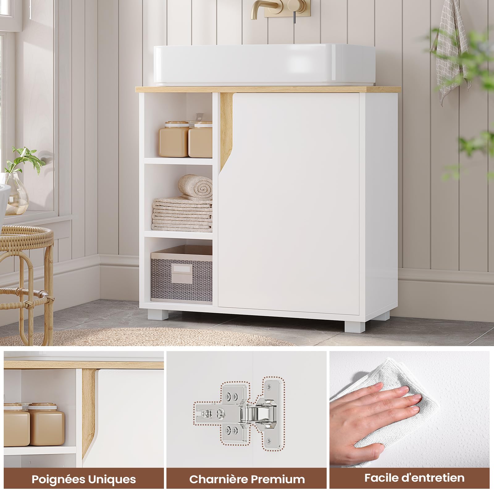 Meuble sous Lavabo Salle de Bain, Meuble Salle de Bain avec Étagère Réglable, Compartiments Fermés, 3 Étagères Ouvertes, 4 Pieds en Bois, Armoire de Rangement pour Vasque, 60x30x60cm, Blanc