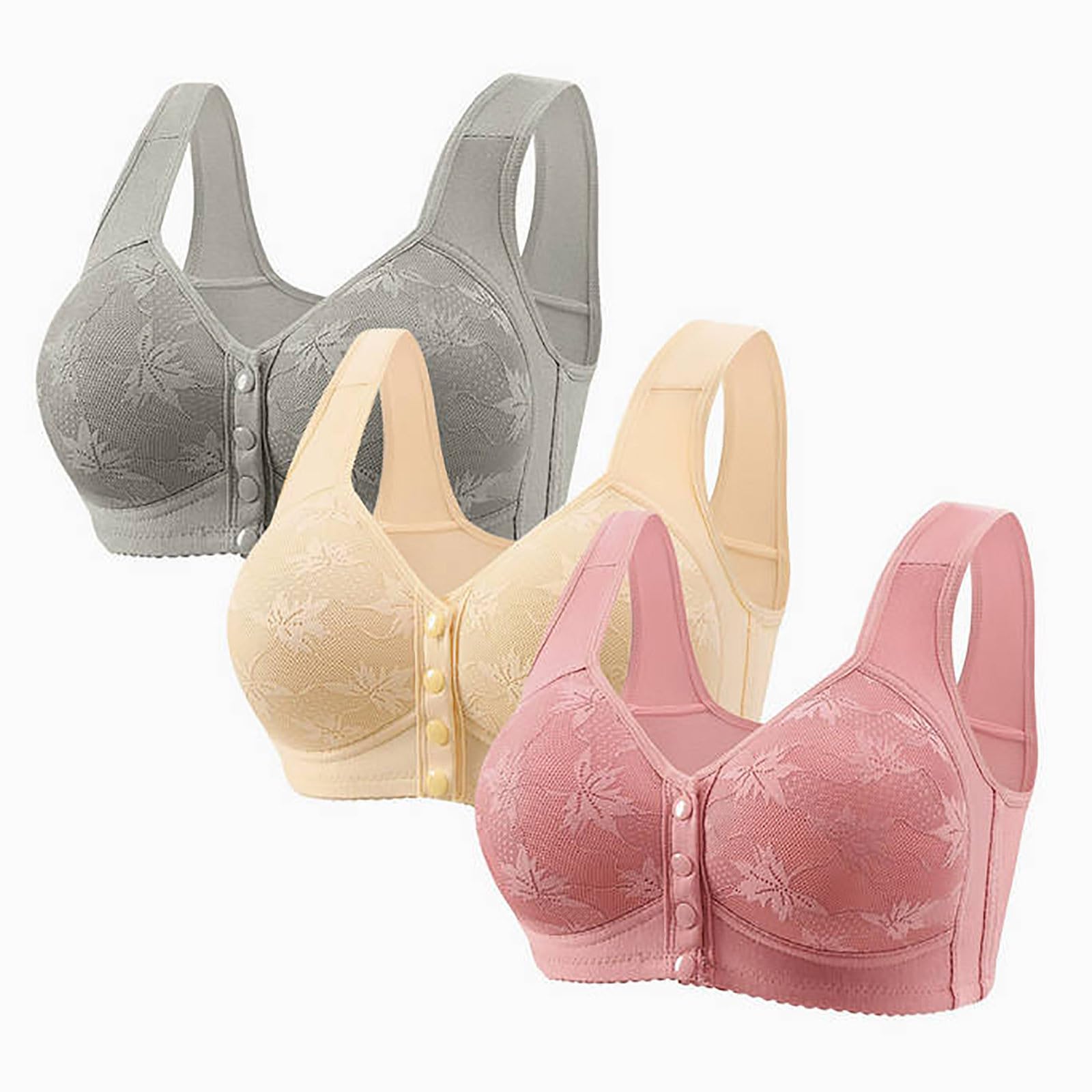 3 Pack Women's Front Closure Bras, Daisy Wide Straps Lace, No Underwire, Comfort Wireless Snap Closing Bra