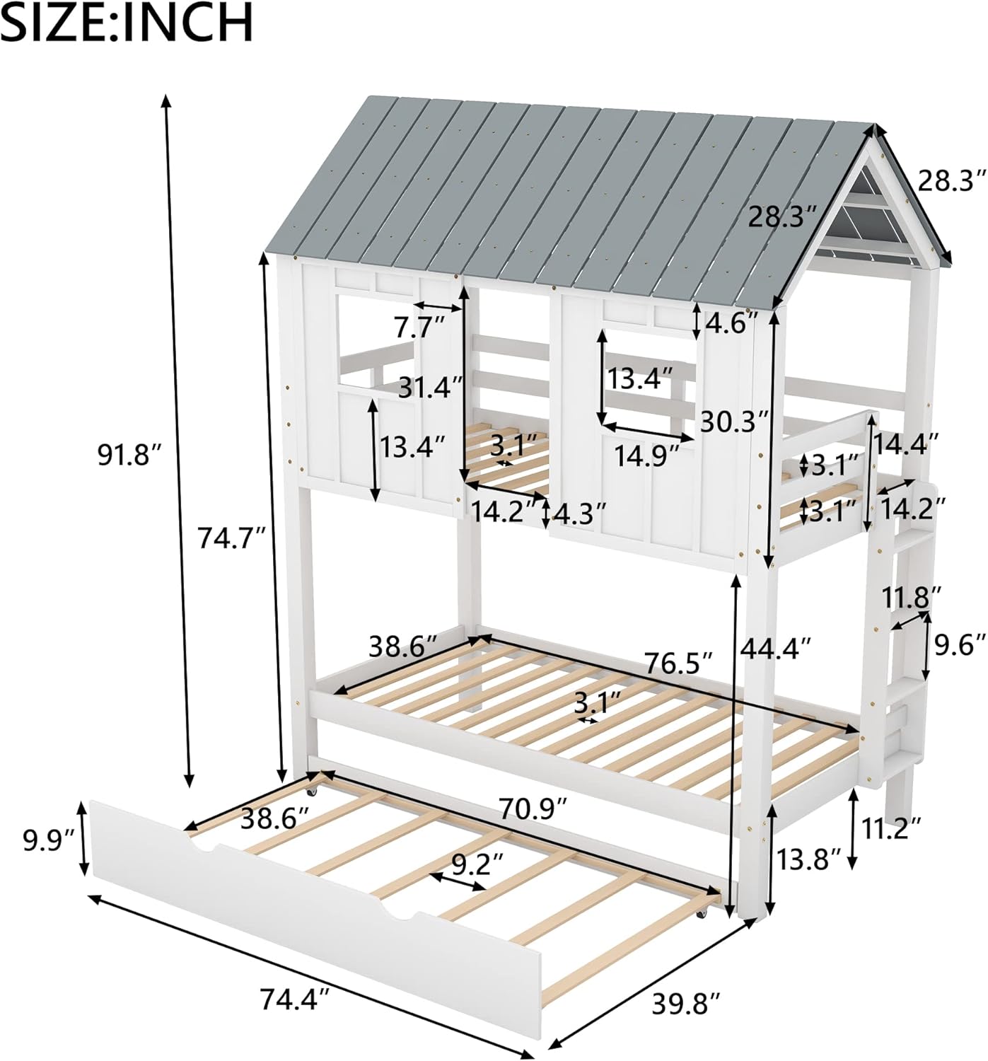 Detailed diagram showing the dimensions of the Polibi Twin-Over-Twin House Bunk Bed with Trundle in inches.