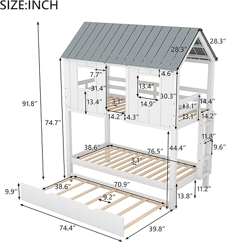 Miniatura 2 de JIVOIT Litera de madera con diseño de techo y ventanas litera individual sobre individual con nido y escalera integrada para niños adolescentes