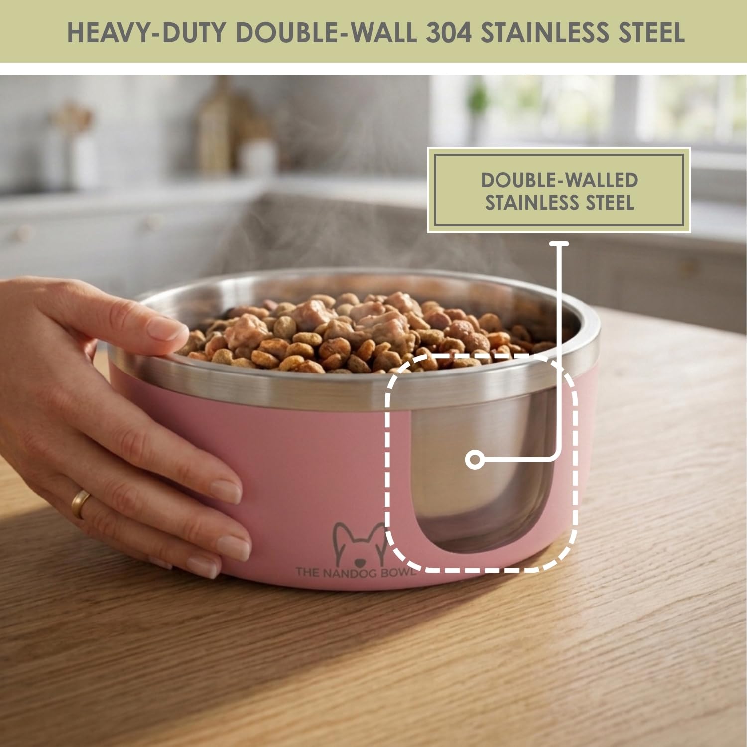 NANDOG Hundenapf für Futter und Wasser mit rutschfester Gummiunterseite, metallisolierte Edelstahl-Hundenäpfe, doppelwandig, langlebig und spülmaschinenfest, für alle Hunde (Rosa, groß)
