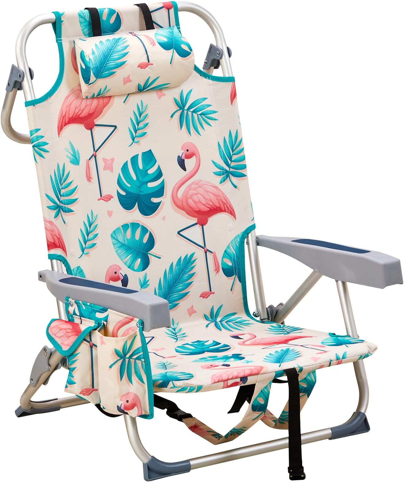 Beach Chairs for Adults, Compact Portable Lay Flat Folding Beach Chair with Backpack Straps and Large Cooler Pouch, Support to 220LBS (Flamingo)