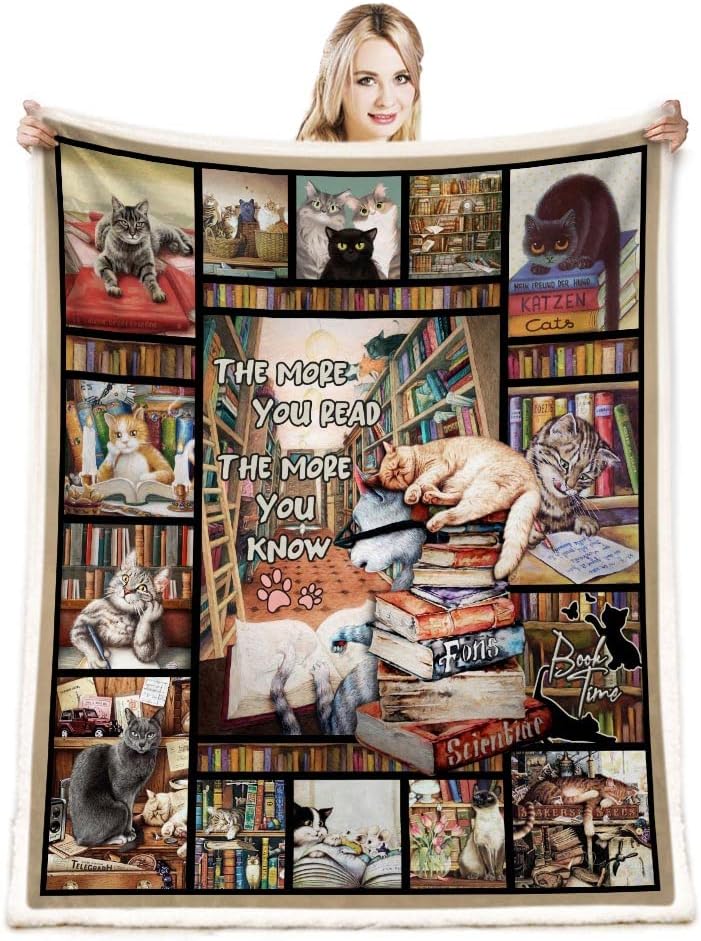 Book Lovers Throw Blanket, Cat Lovers Blanket, Soft Cat & Books Blanket for Sofa, Couch, Beds Decoration, Christmas 50x60