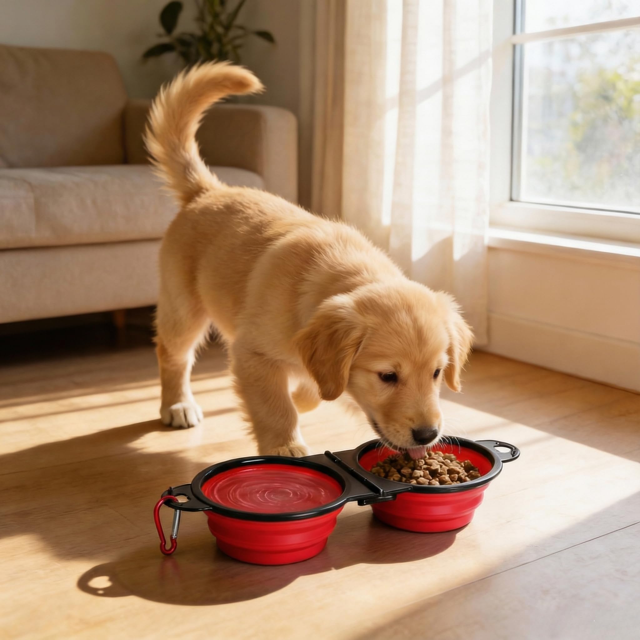 Double gamelle pliable pour chien avec porte-clés – Gamelle d'eau et d'alimentation portable pour animaux de compagnie, pliable et pratique pour chiens et chats, plusieurs couleurs disponibles (rouge)