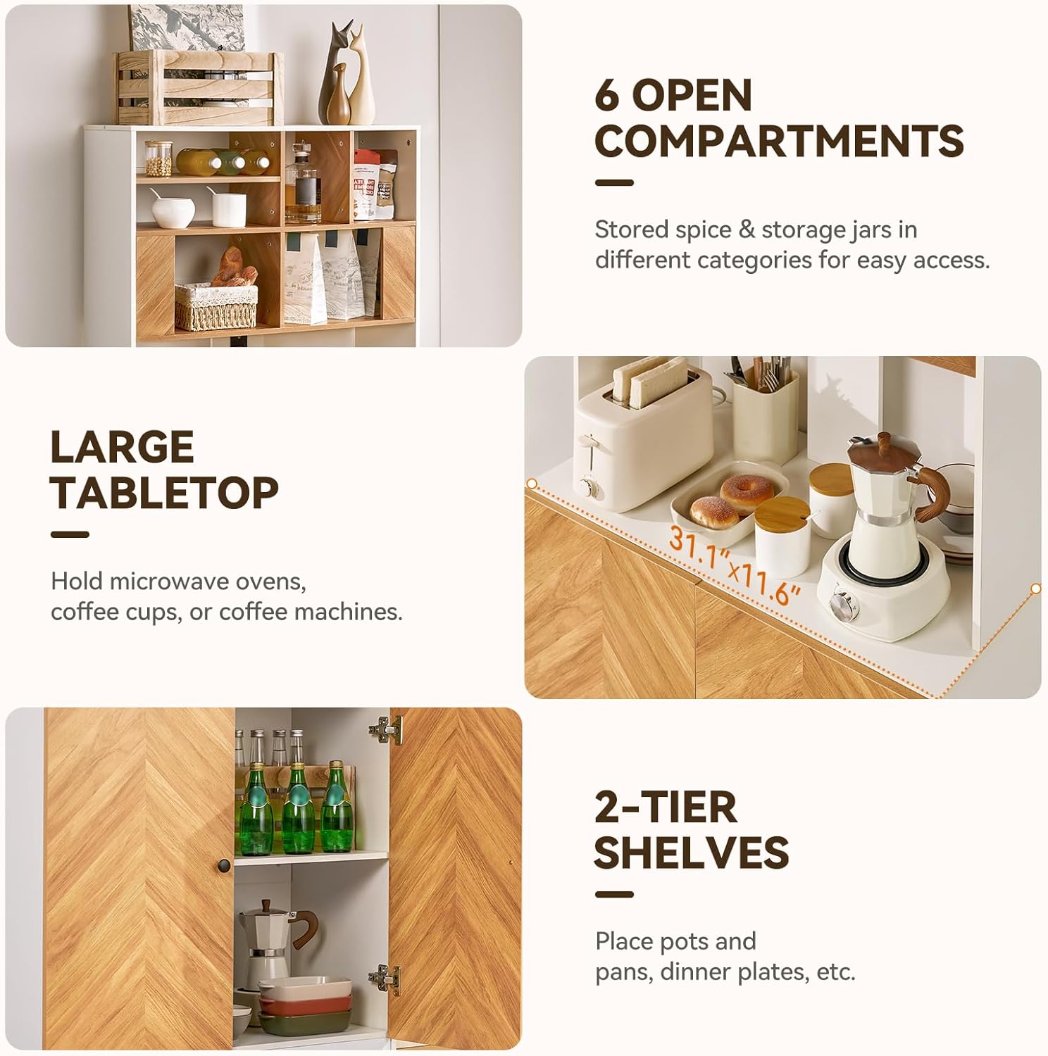 Artswish Large Pantry Cabinet with Power Outlets, Scandinavian Modern Style 4 Tier Kitchen Storage Cabinet with Microwave Stand, Kitchen Hutch with Storage for Living Room, Dining Room, Natural Color