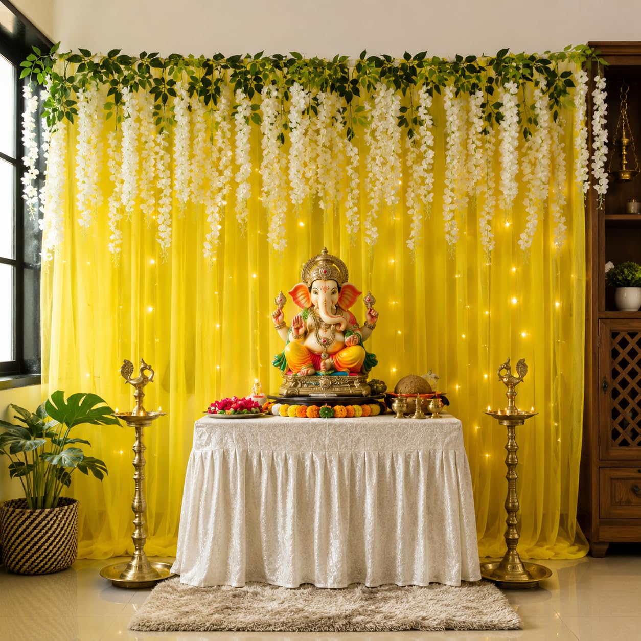 Lazybeee Backdrop Decoration Kit | Net Curtain & Artificial Plant Vines for Ganesh Chaturthi, Haldi & Mehndi, Home Decor & Birthday & Parties | (Ganesh Backdrop Design 16 - C1)