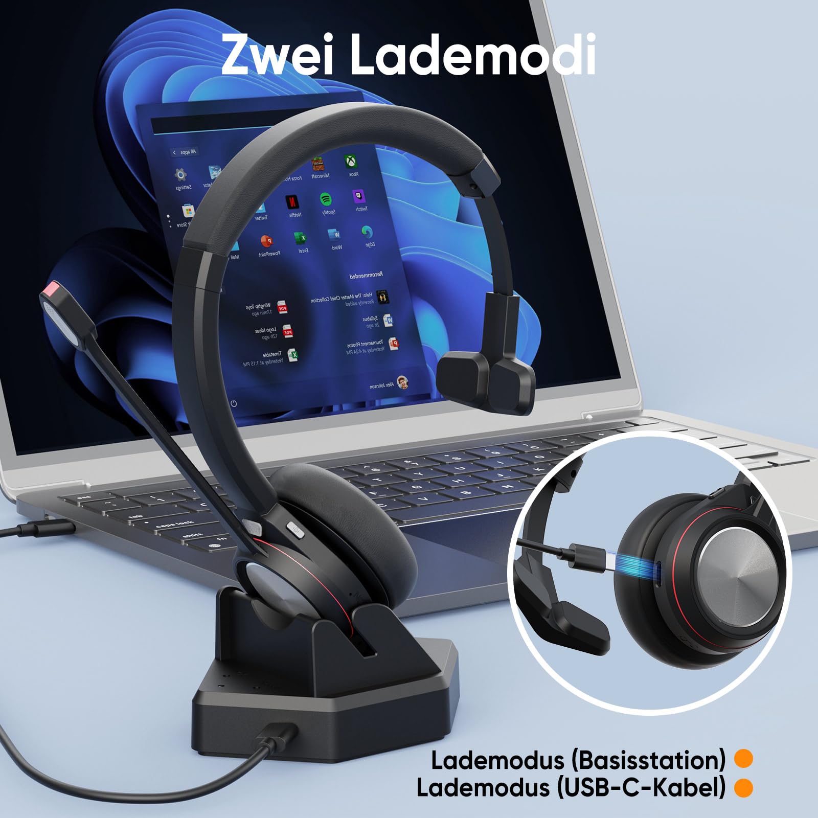 Bluetooth Headset mit Mikrofon, Wireless Headset mit USB Dongle Ladestation, Noise Cancelling Mikrofon, 40h Akku, Komfort Büro Headset für PC Laptop Callcenter Home Office Teams Zoom