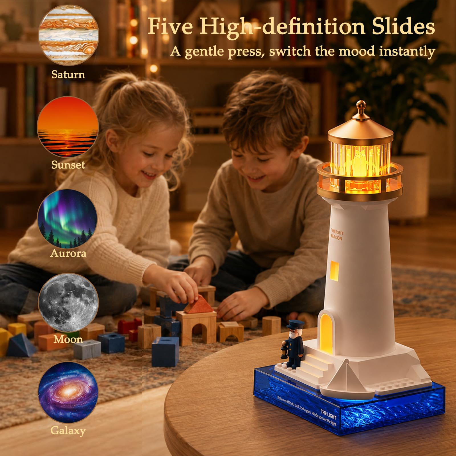Luz nocturna de faro, lámpara de proyección recargable con control remoto, luna Saturno puesta de sol Aurora galaxia luz nocturna para decoración del hogar, regalo único