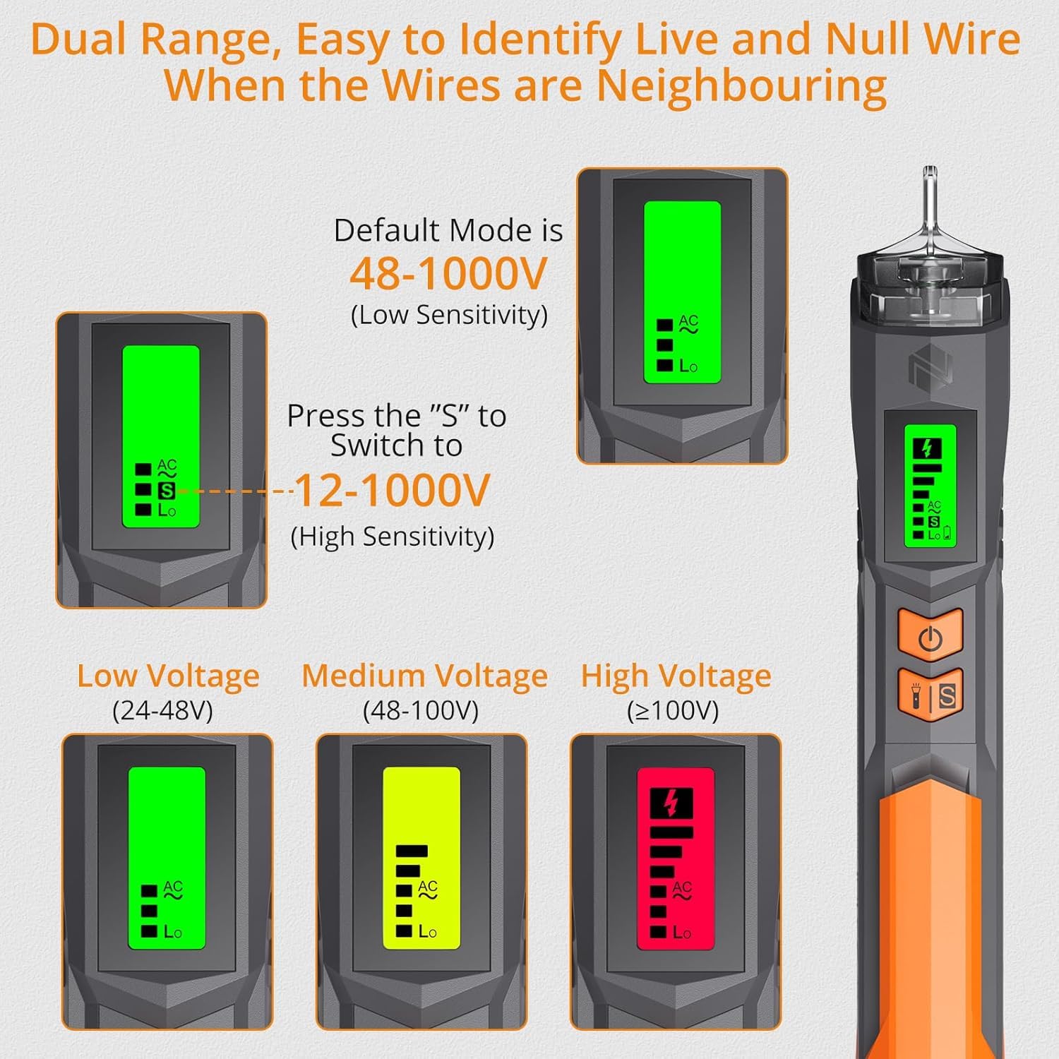 Neoteck Bezkontaktowy Tester Napięcia Cyfrowy 12-1000V/48-1000V Regulowana czułość Bezkontaktowy tester faz Tester prądu z wyświetlaczem LCD, brzęczykiem, wyszukiwarką punktów przerwania przewodu | Regulowany czujnik podwójnej czułości 12 V/48 V-1000 V. L
