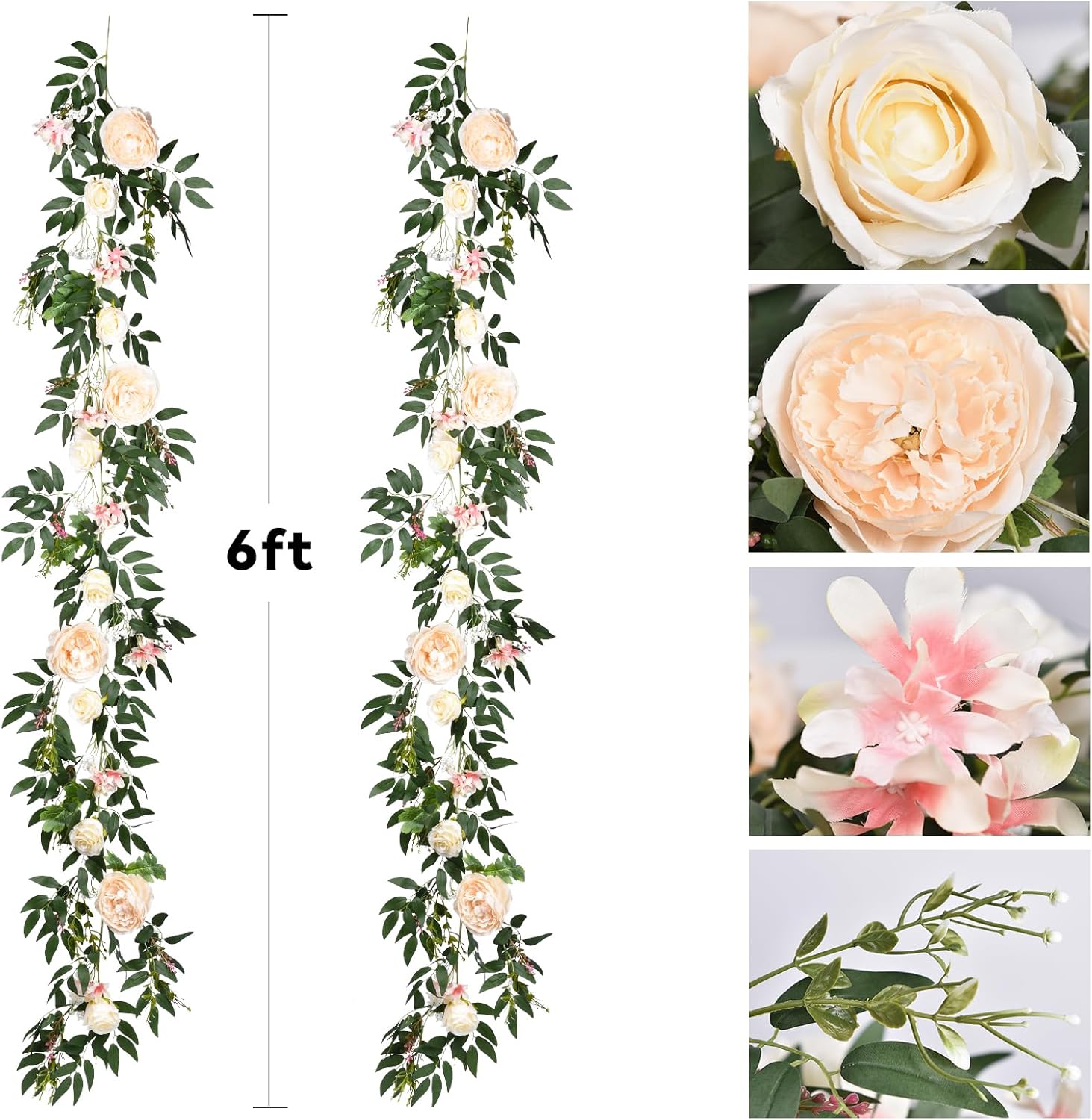 Lvydec 2 Pack Artificial Peony Flower Garland - 6ft Silk Peony Vine Willow Leaves Garland Champagne Arch Flower Vine for Wedding Party Table Decoration (Champagne)