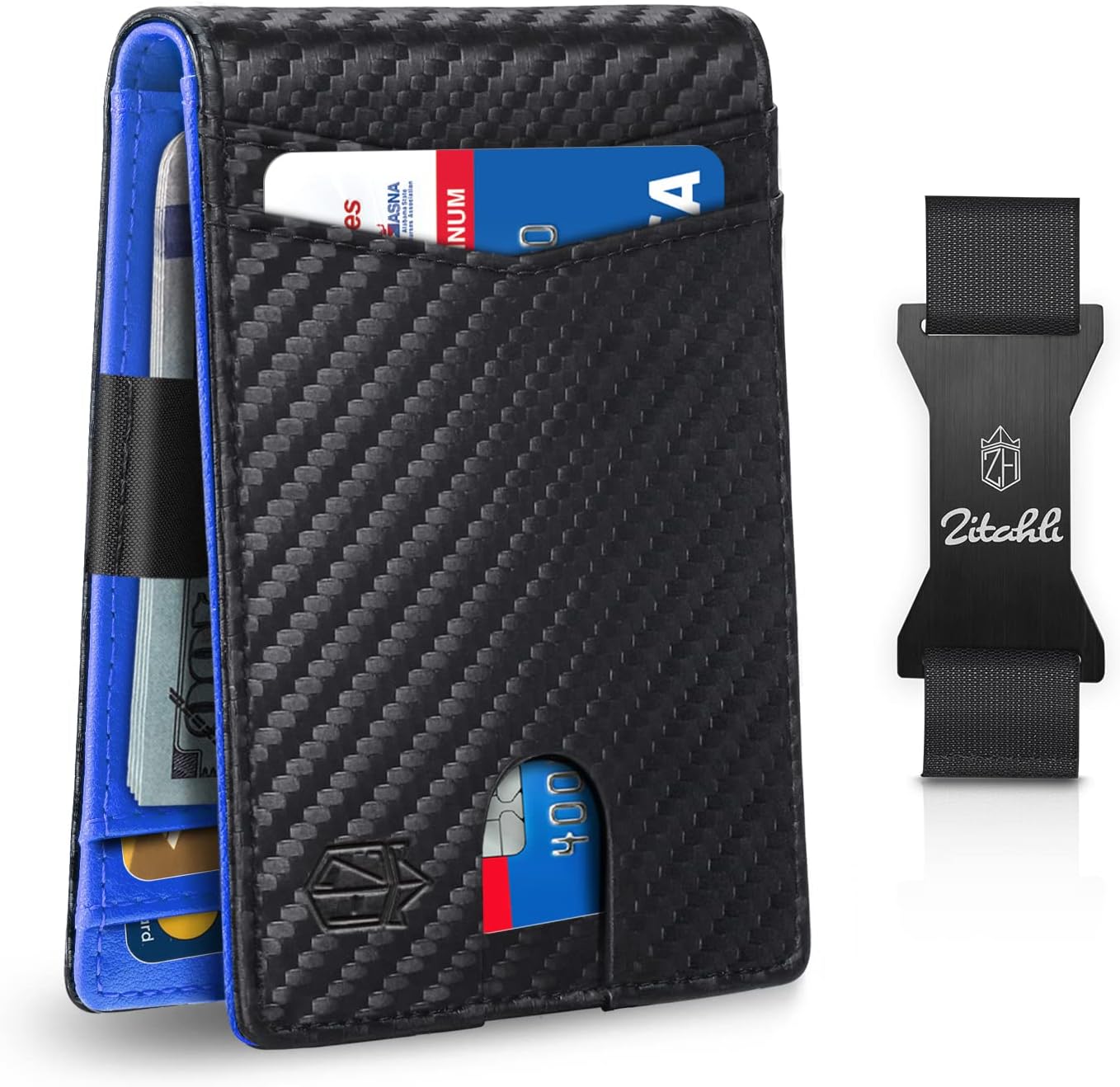 Zitahli Slim Money Clip Wallets for Men, Minimalist Leather Bifold RFID Blocking Mens Front Pocket Wallet with 12 Card Slots Gift Box Black&Blue