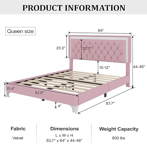 Miniatura 2 de HomSof Base de cama tapizada tamaño Queen con luces LED, cama de plataforma de terciopelo moderna con cabecera capitonada de cristal, color gris