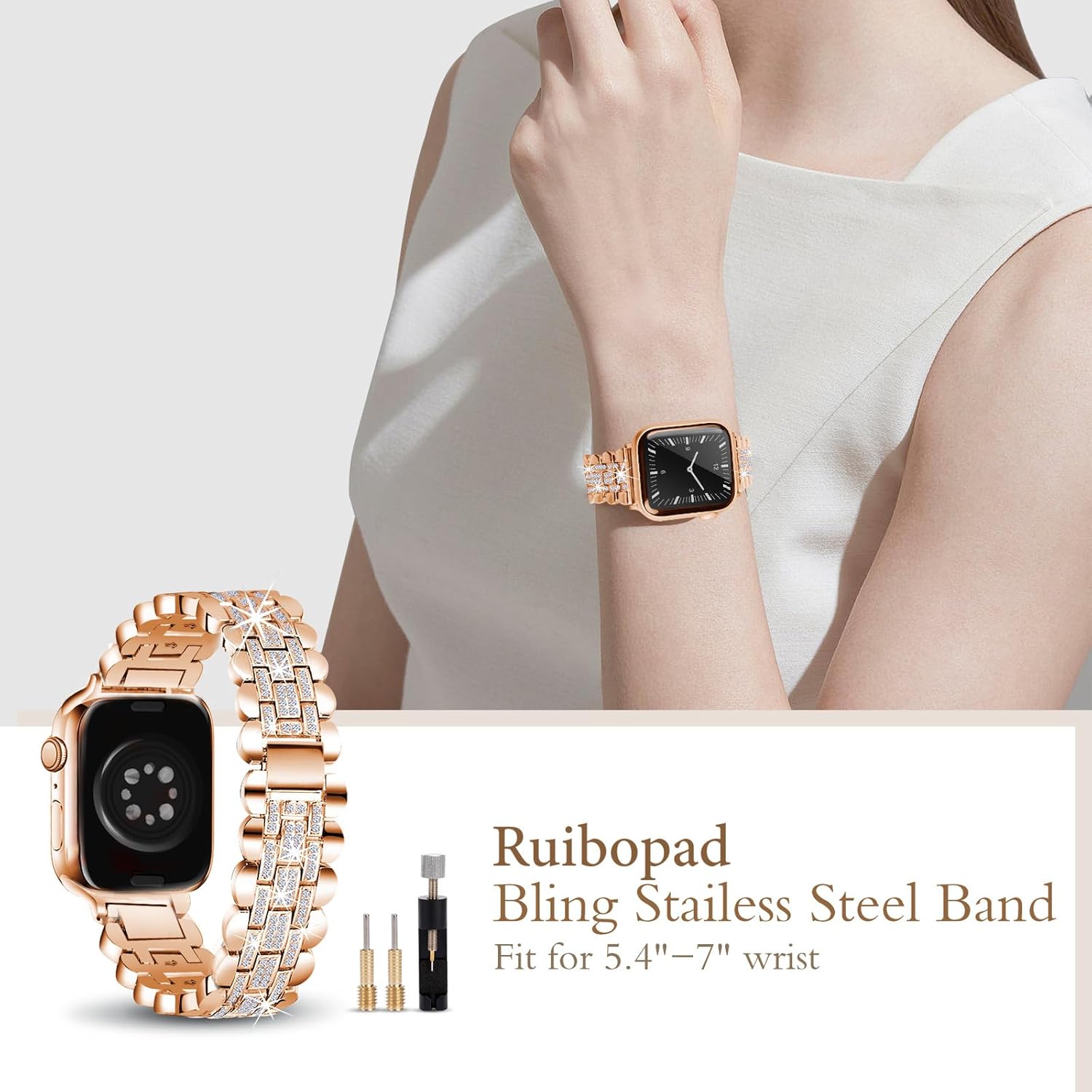 Metal Strap for Apple Watch Band 42mm(Series 10)/41mm/40mm/38mm, Bling Stainless Steel Bracelet Work for Apple Watch Bands Series 9 8 7 SE 6 5 4 3, Elegant Jewelry Bangle for iWatch Women Rose Gold - Image 4