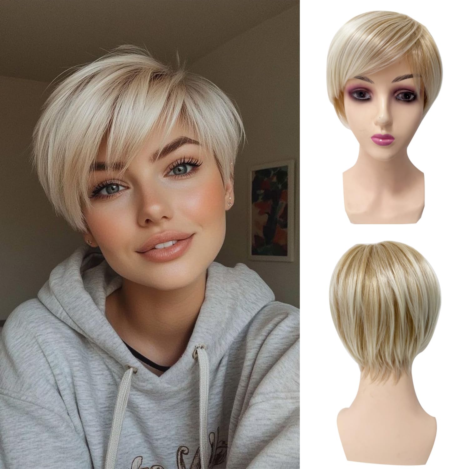 Sallcks Short Blonde Wigs for Women Layered Mixed Platinum Blonde Synthetic Heat Resistant Pixie Wig for Party Cosplay Use.