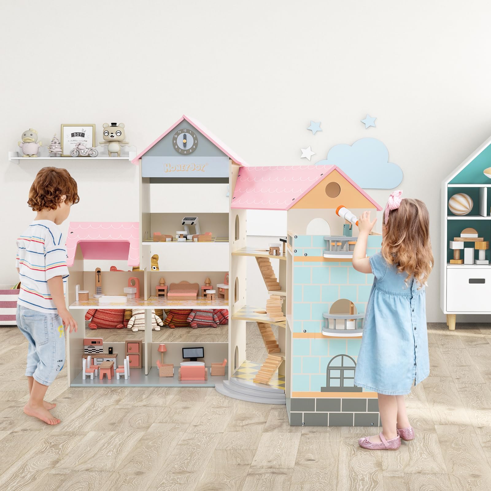 HOMASIS Casa delle Bambole in Legno per Bambini su 3 Livelli, Doll House con 42 Mobili e Accessori con 7 Stanze, Bella Casa da Sogno Principessa per Bambole, per Bambini 3+ Anni (Rosa)