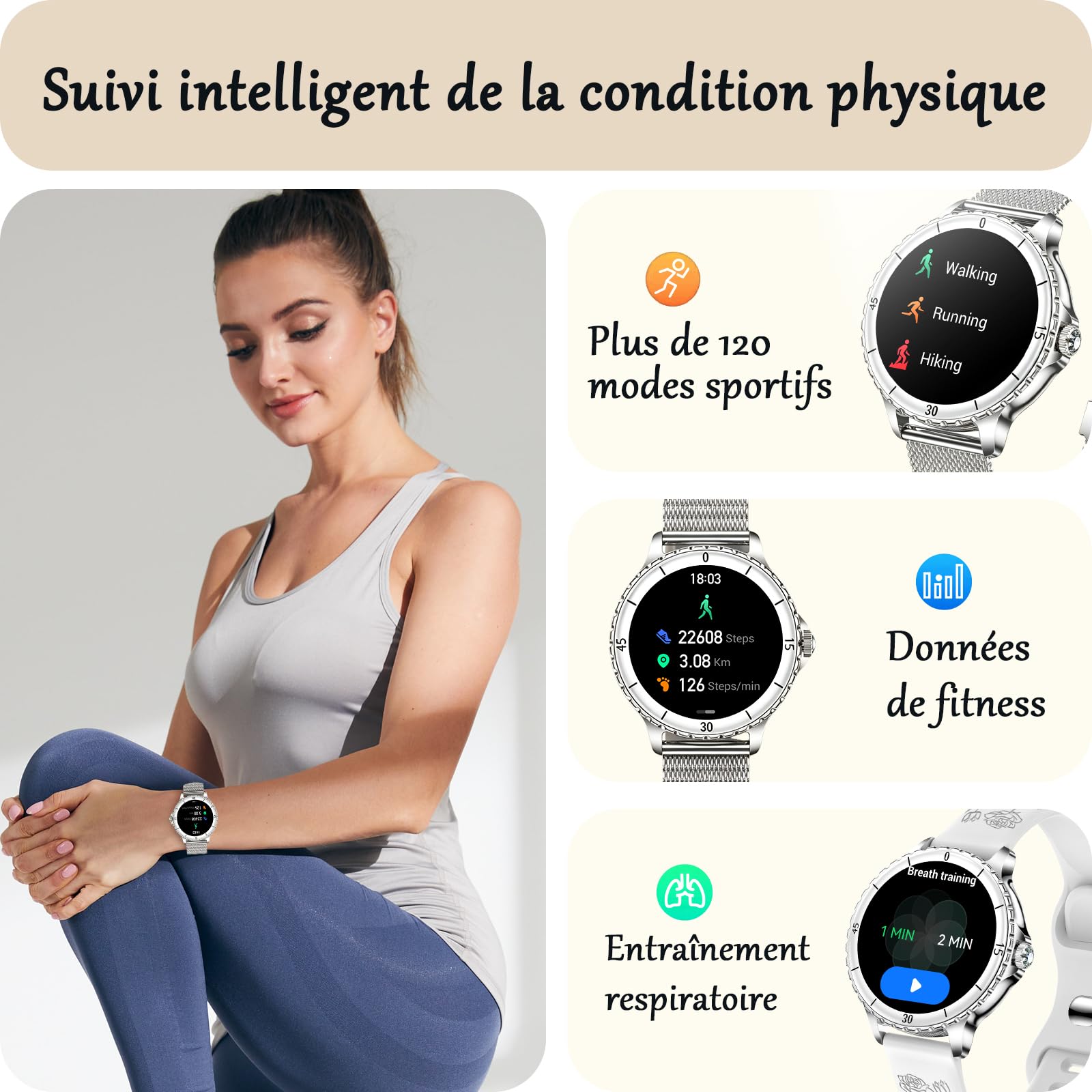 Montre Connectée Femme avec Appel Bluetooth, 1,27" Smartwatch avec Fréquence Cardiaque/SpO2/Sommeil Montre, 120+ Mode Sportifs Montre, IP68 étanche Fitness Podomètre Compatible pour Android iOS