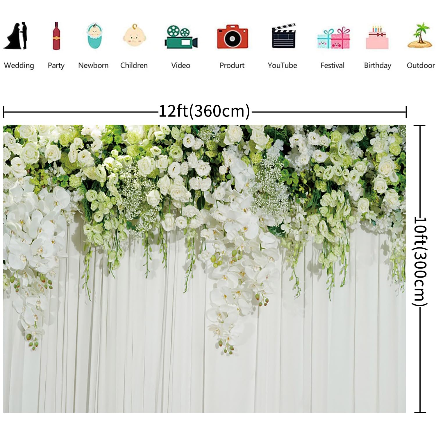 3.6x3m Telón de Fondo de Boda Blanco Verde Rosa Flor Pared Fotografía Fondo Aniversario Ceremonia Ducha Nupcial Boda Cumpleaños Fiesta Decoraciones Retrato Photoshoot Photo Booth Props