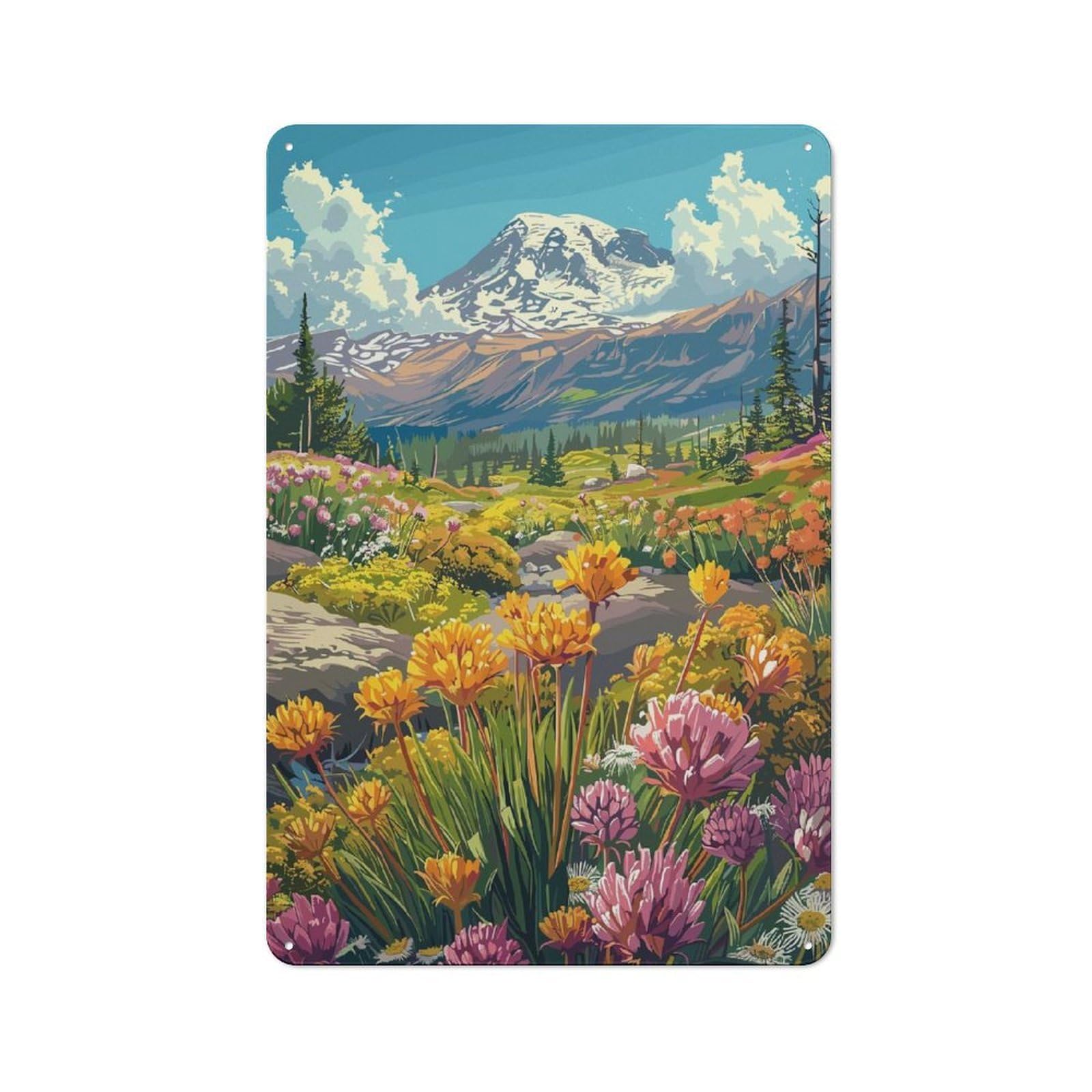 Junmoney Style-15 Metal Wall Plaque With Mount Rainier Wildflowers Design 30X20cm, Retro Room Wall Plaque For Home, Shop, Pub Or Studio Wall