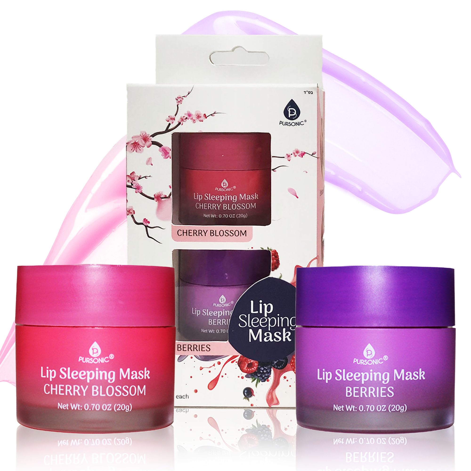 PURSONIC Lip Mask Overnight for Ultimate Lip Care - Hydrating Lip Moisturizer for Plump Lips Infused with Double Flavor Cherry Blossom and Berries - 2 Packs