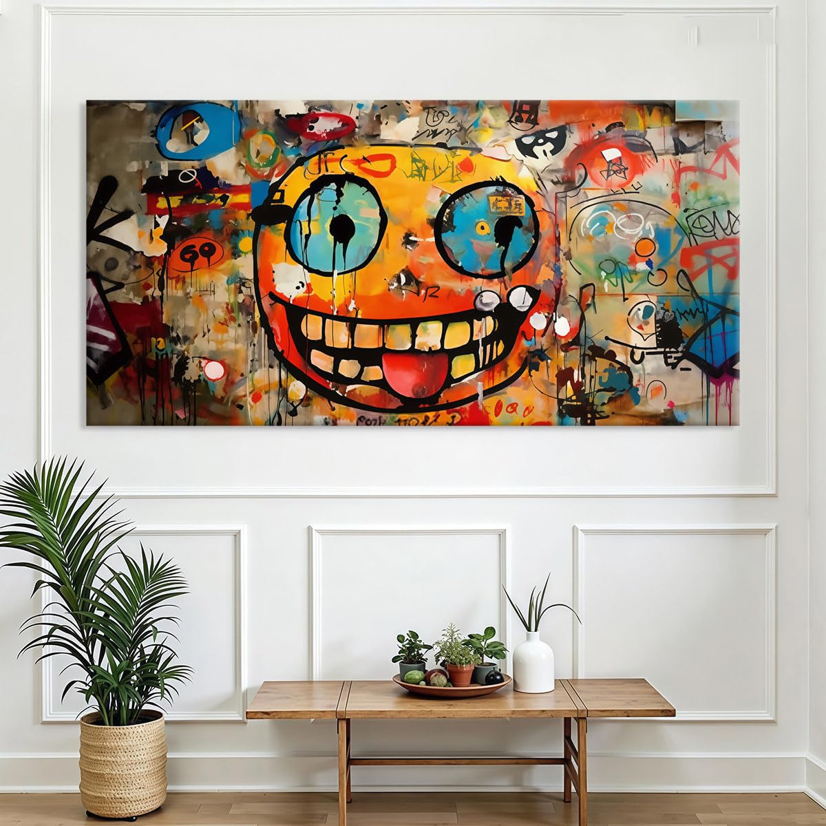 Abstrakcyjny nowoczesny obraz dekoracyjny z wesołą twarzą i kolorowym graffiti na ścianę (60 x 120 cm / z ramą)