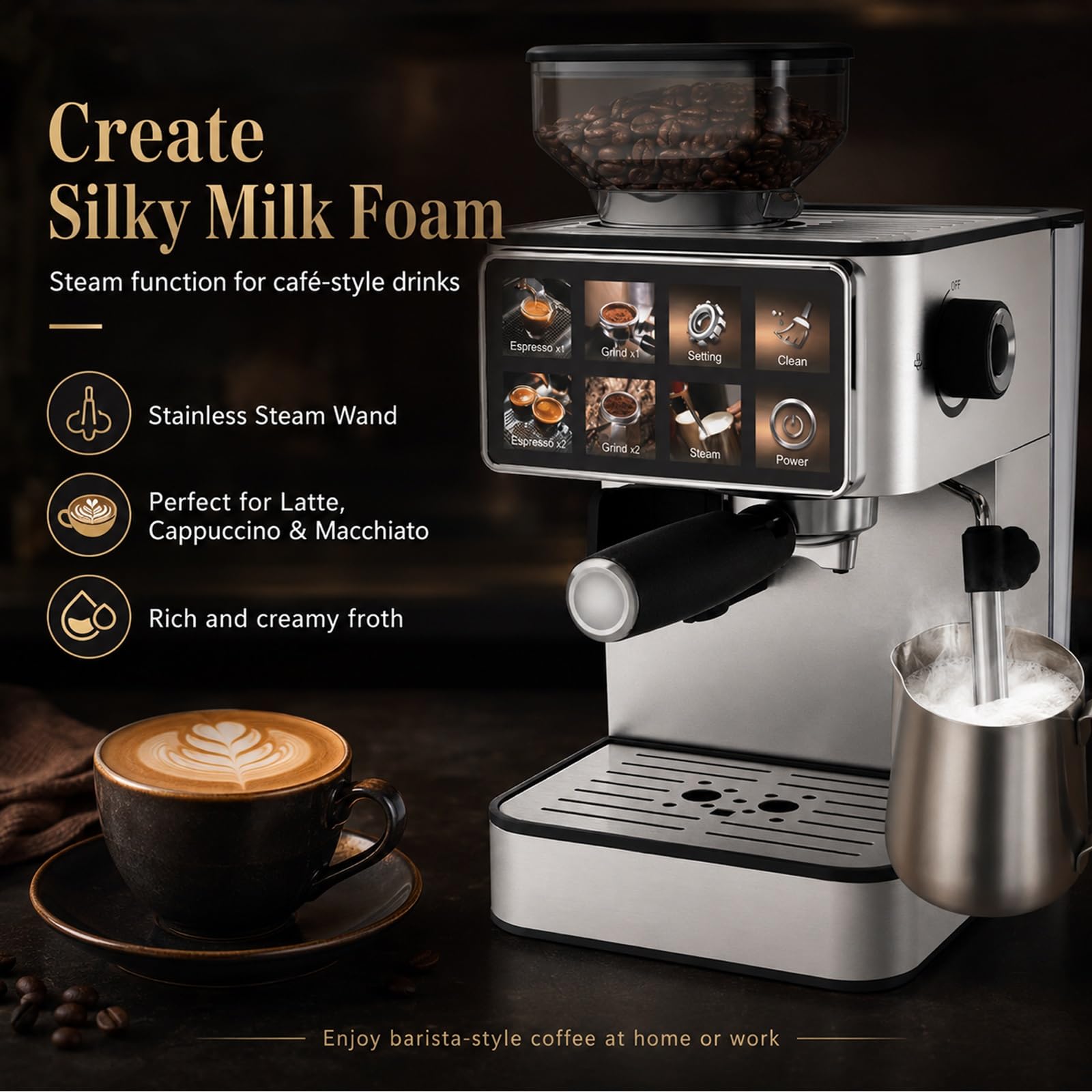 Cafetera Espresso Con Molinillo De 20 Bares, Cafetera Automática Con Molinillo Cónico Y Vaporizador Para Espumar Leche, Ideal Para Espresso, Capuchino, Latte Helado, Cold Brew Y Americano