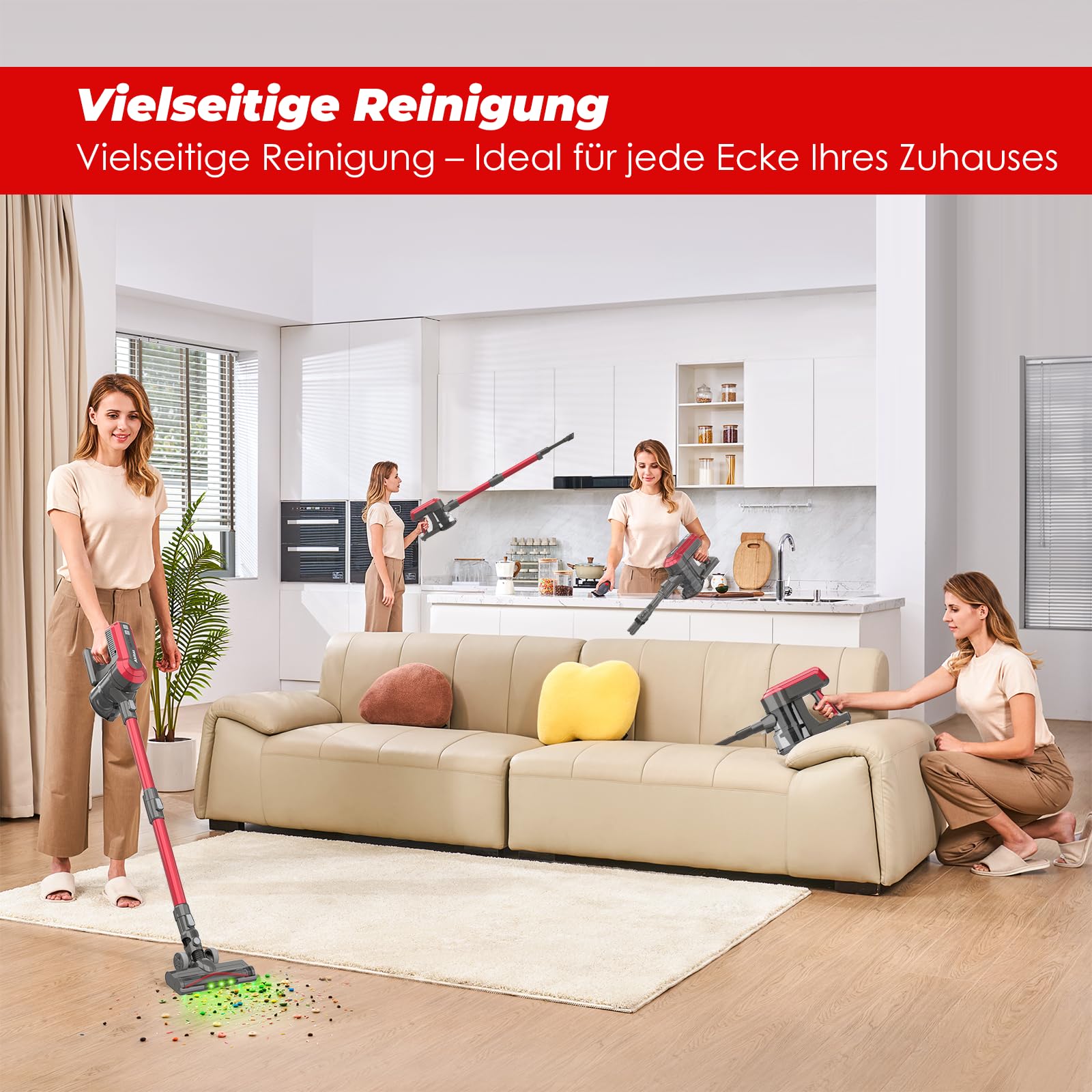 Akitas V10A Akku Staubsauger Kabellose mit 450W BLDC-Motor, 45kPa Saugleistung, 60 Min Laufzeit, LED-Bürste mit grünem Licht, Anti-Verhedderung, ideal für Teppiche, Hartböden & Tierhaare
