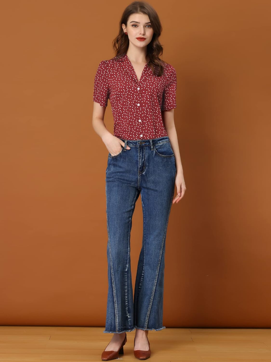 Allegra K Women's Polka Dots V Neck Short Sleeve Button Down Vintage Blouse - Image 3