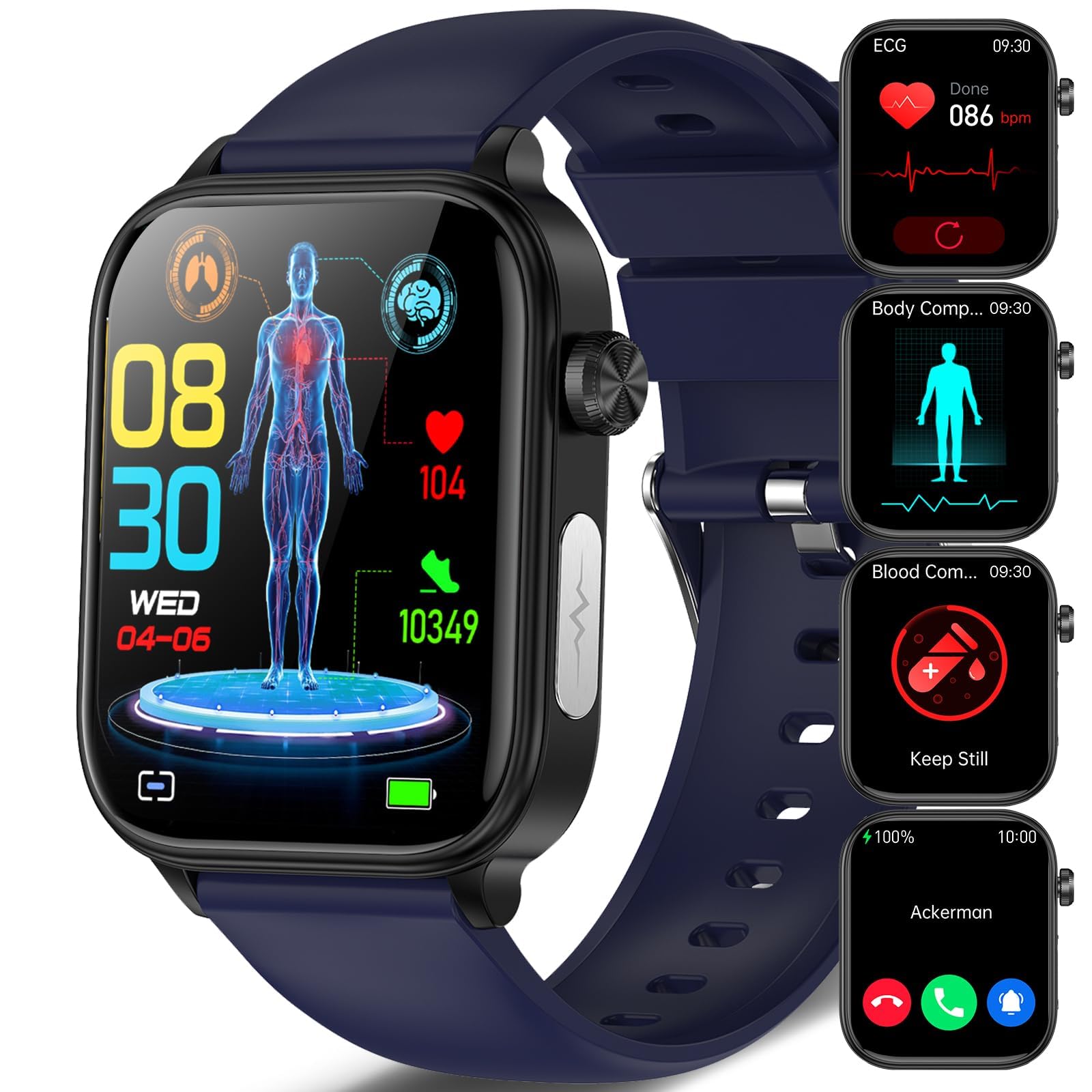 Marsyu Herrenuhr mit Anruffunktion, 2024 Nuovo Smartwatch Uomo ECG+HRV, 1.96'' 𝐆li𝐜𝐞𝐦𝐢𝐚 Orologio con Componenti Ematiche/BMI/Sonno,Telefono, Pulsante SOS, 24h Pressione Sanguigna