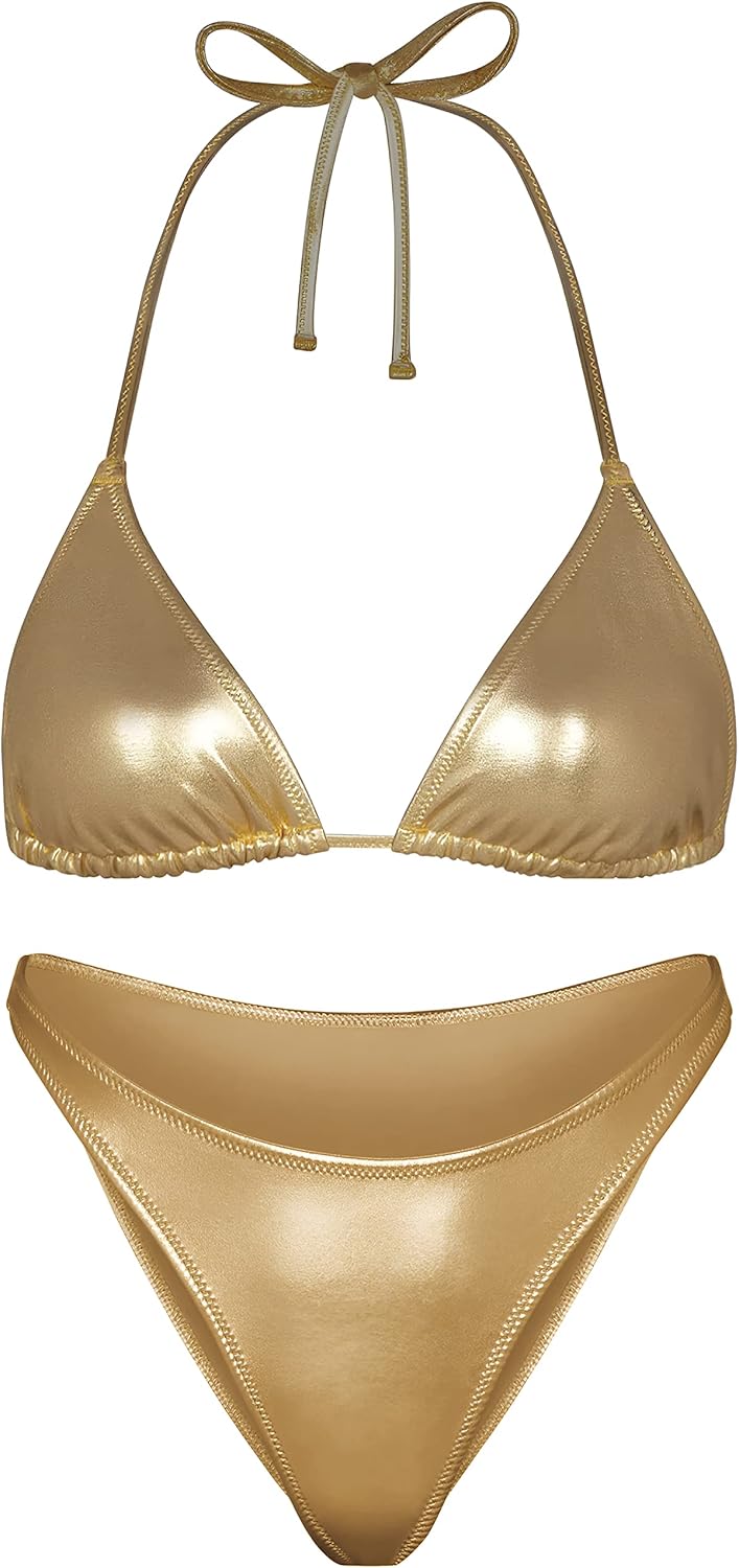 Women Metallic Bikini Swim Sexy Silver Swimsuit Triangle Top and Bottom Set