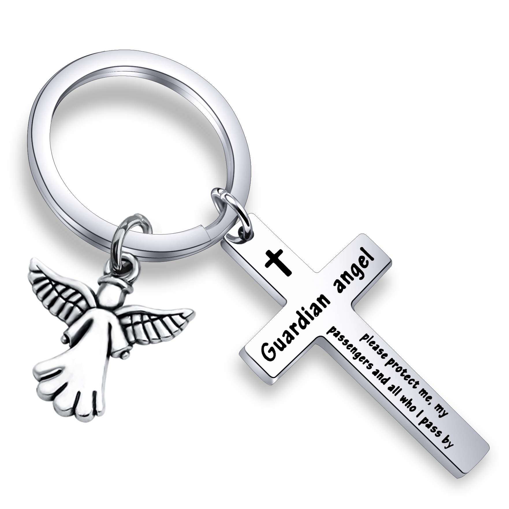 FEELMEM Guardian Angel Prayer Cross Keychain Guardian Angel Protect Me My Passengers Drive Safe Prayer Gift